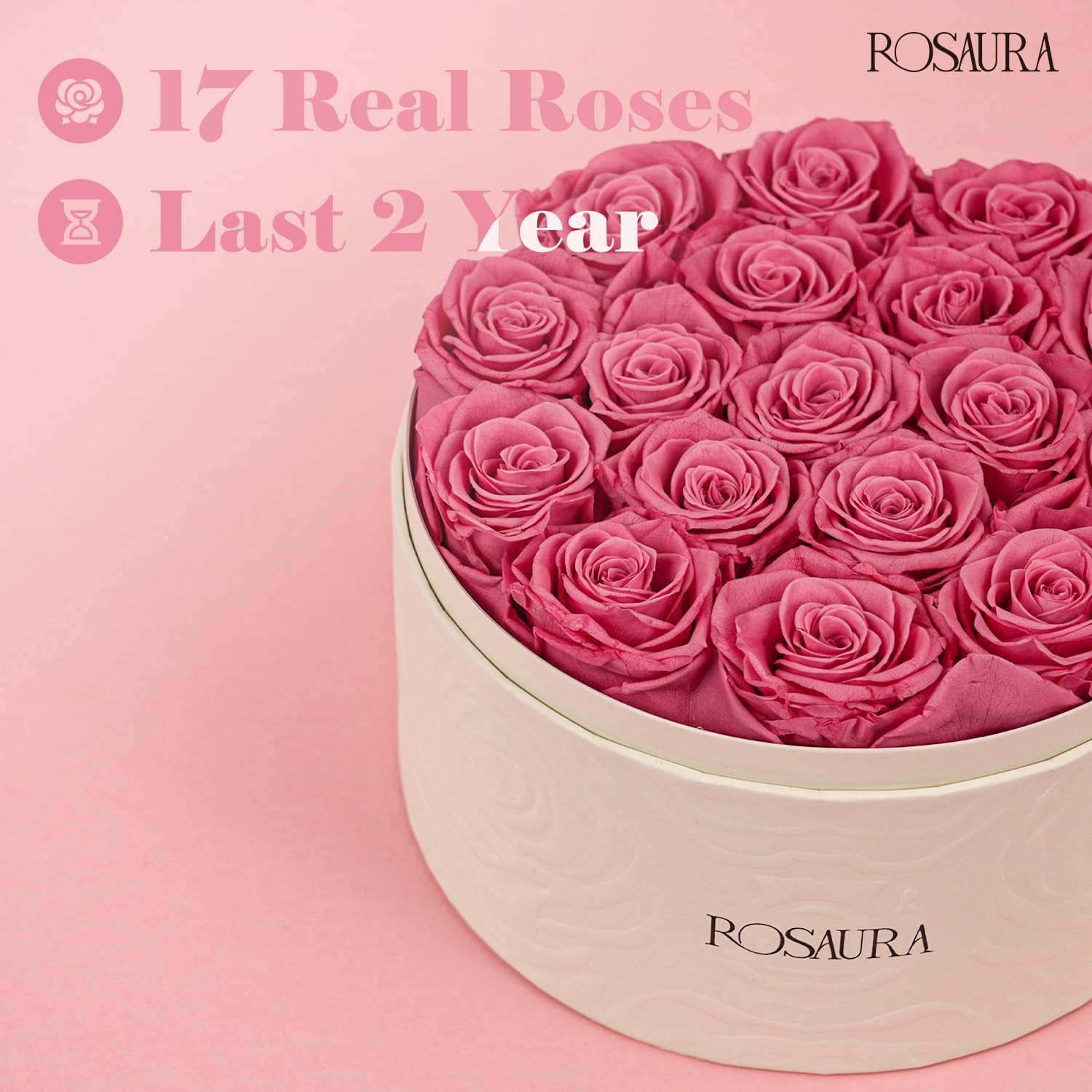 17 PCS Pink Round Preserved Roses Gift Box Floral Decor Valentines Mothers