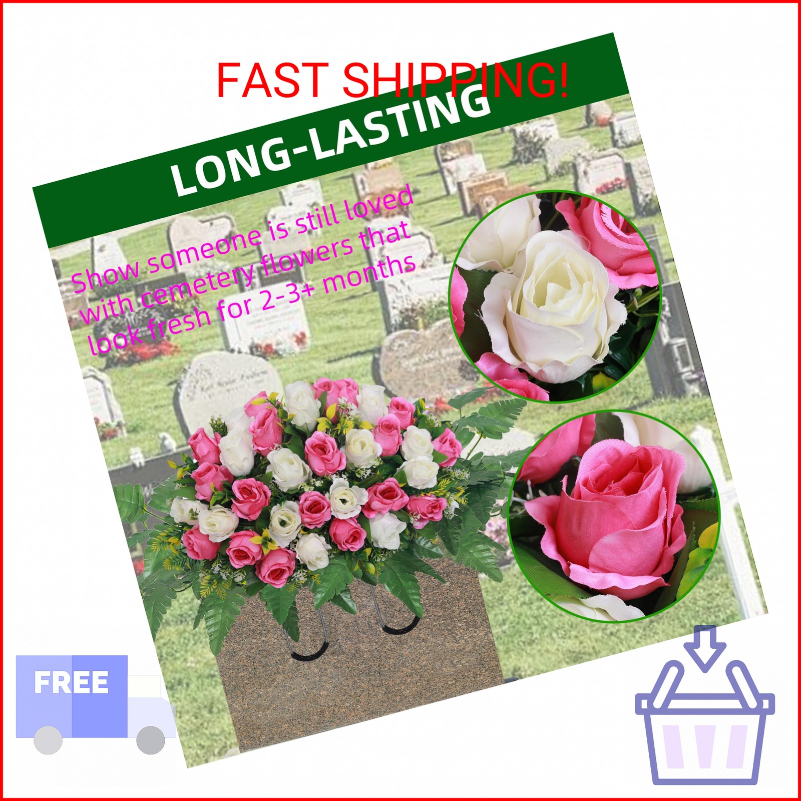 Lodou Artificial Cemetery Flower Saddles, Rose Headstone Flower Saddle Outdoor G