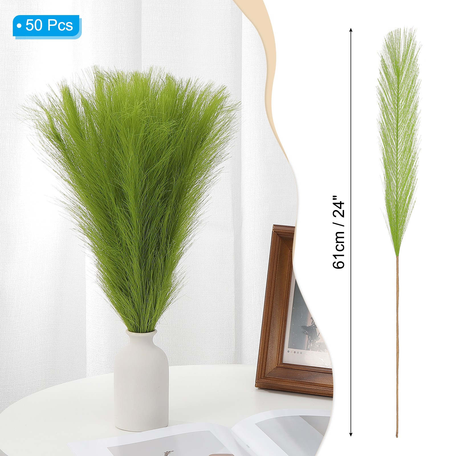 24in Pampas Grass Decor, 50pcs Artificial Pampas Grass Bulk, Green