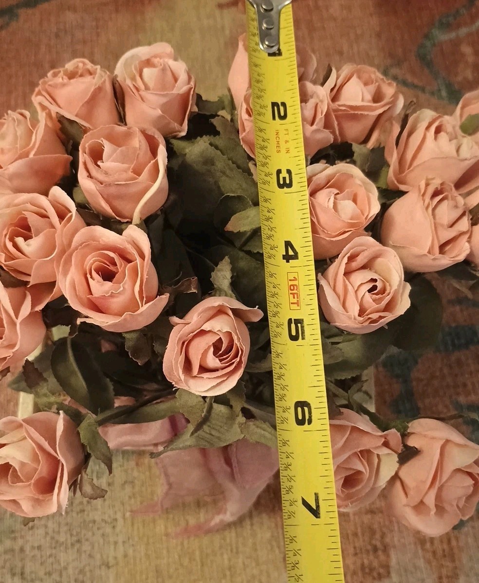 TOP DESIGNS Pink bud ROSES on stems in Resin Tan Rectangle planter FLORAL DECOR