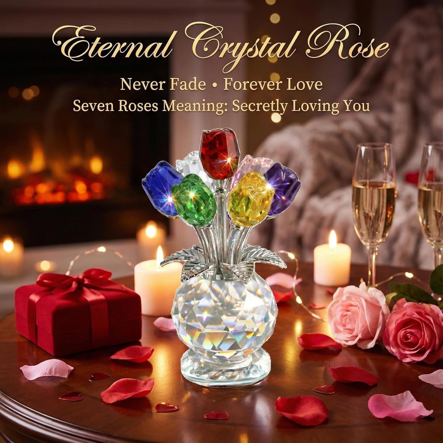 4.7 Inch Crystal Rose Bouquet – 7 Colorful K9 Glass Roses for Home Decor