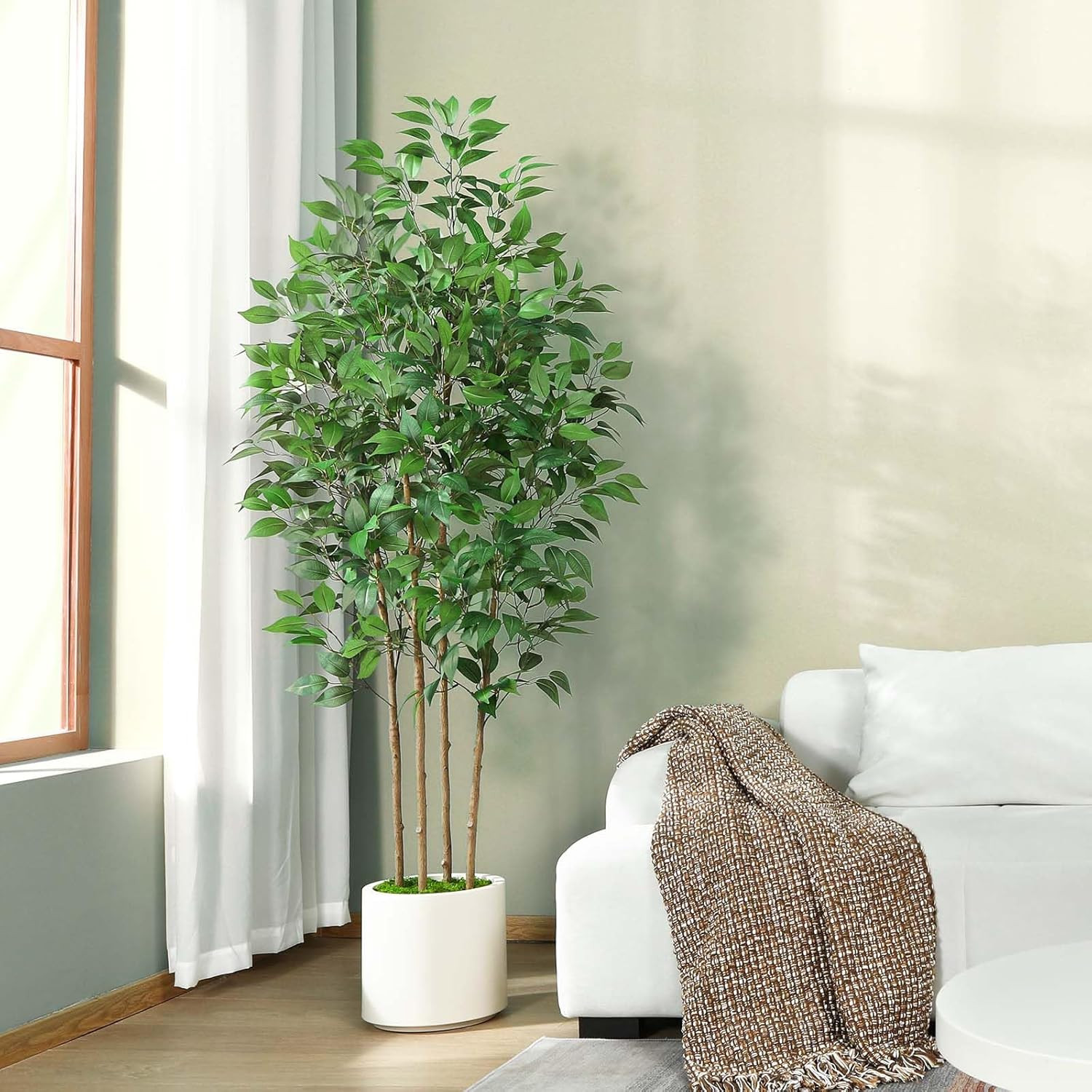 6Ft Ficus Artificial Tree in White Planter – Indoor Home Decor Faux Plant