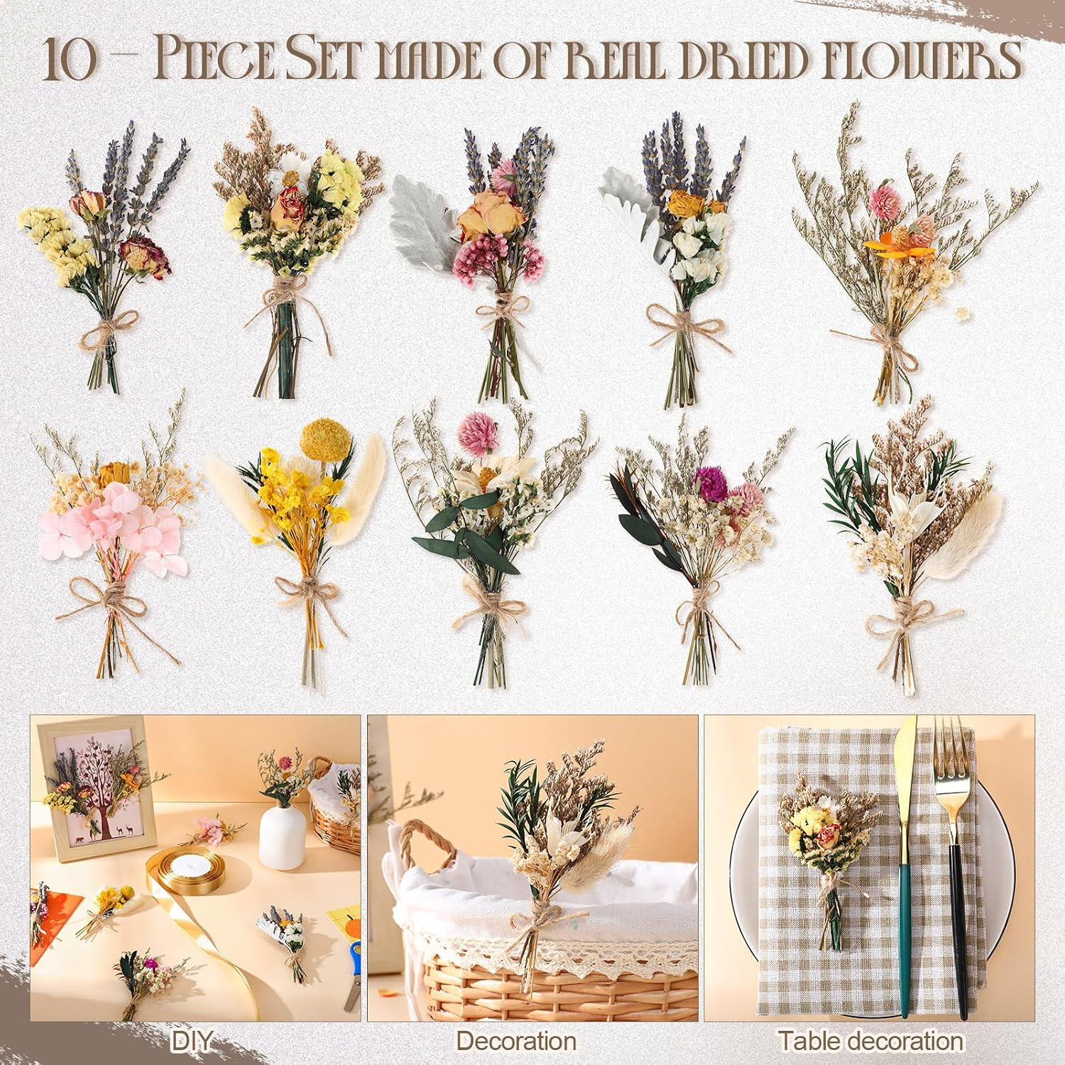 Nuanchu 10 Pcs Mini Dried Flower Bouquet Mixed Natural Dried Flowers with Stem