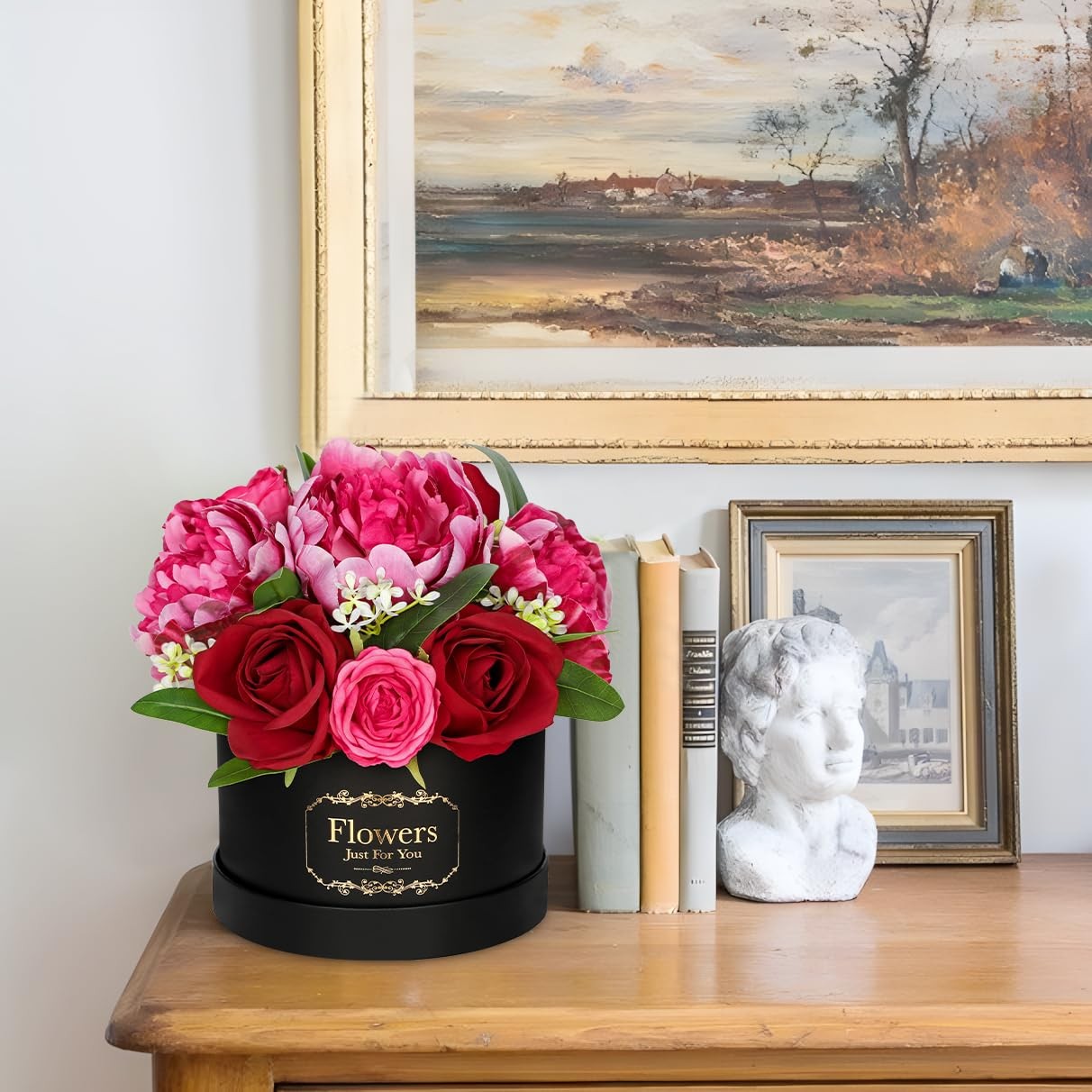 Red Artificial Peonies Roses in Vase Round Gift Box with Fake Flowers