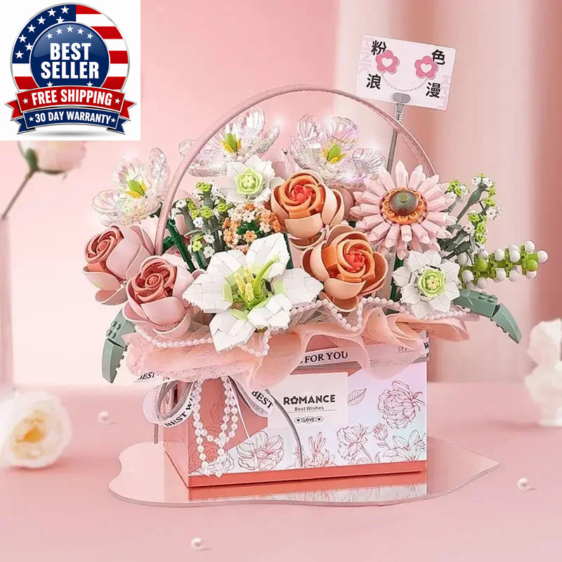 Creative Pink Rose Basket Bouquet Building Blocks Portable Flower Bouquet Gift B