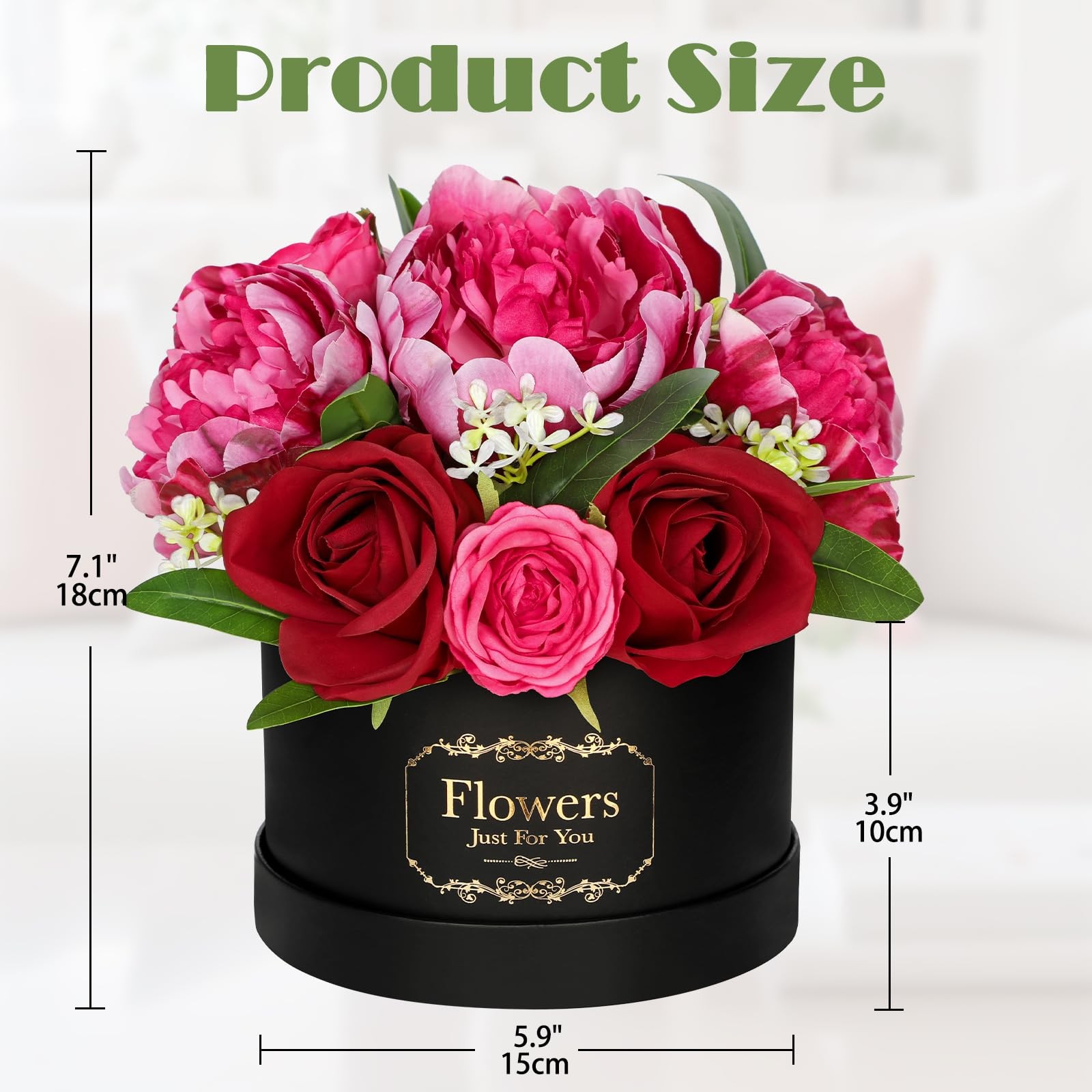 Red Artificial Peonies Roses in Vase Round Gift Box with Fake Flowers