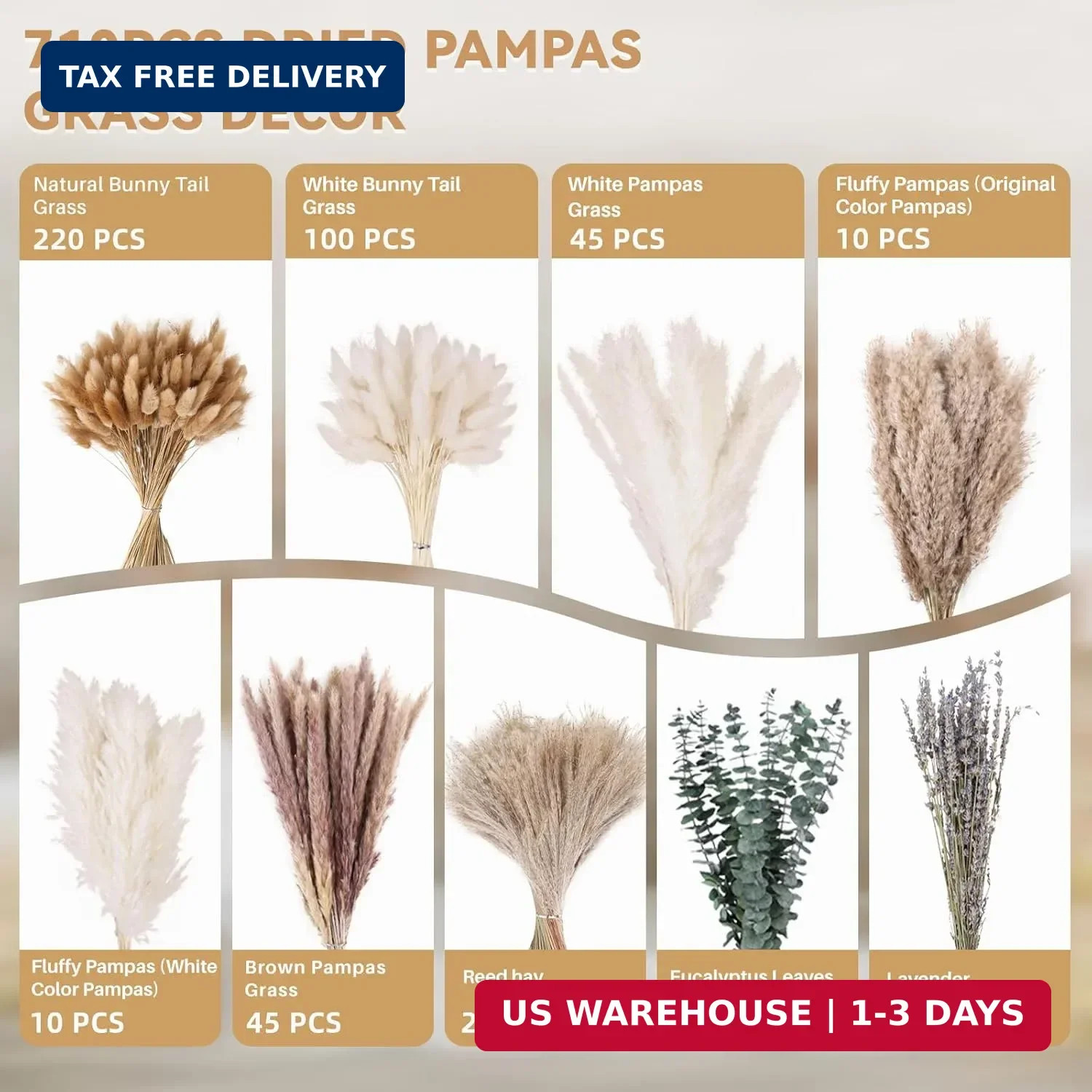 710Pcs Natural Dried Pampas Grass Decor, 9 Types Dried Flowers for Vase, Boho Pa
