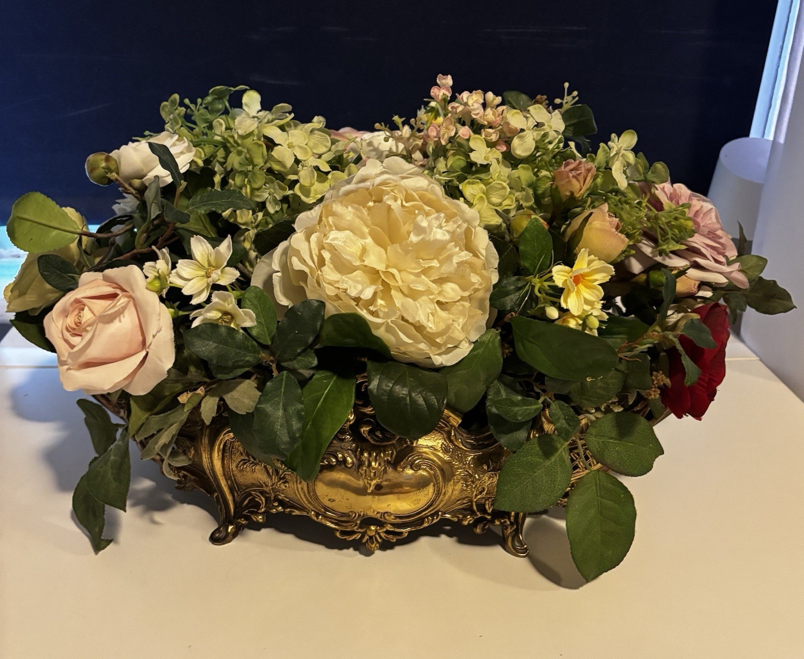 Large Elegant PINKS Flower Arrangement In Antique Brass Victorian Centerpiece