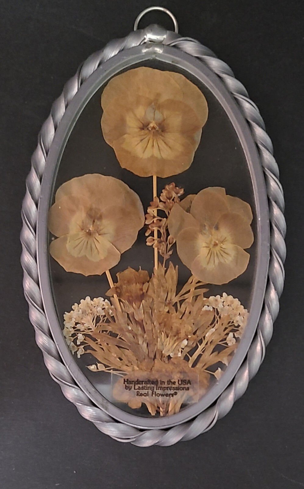 Vintage Lasting Impressions Real Pressed Flowers in Glass w/Oval Metal Frame 