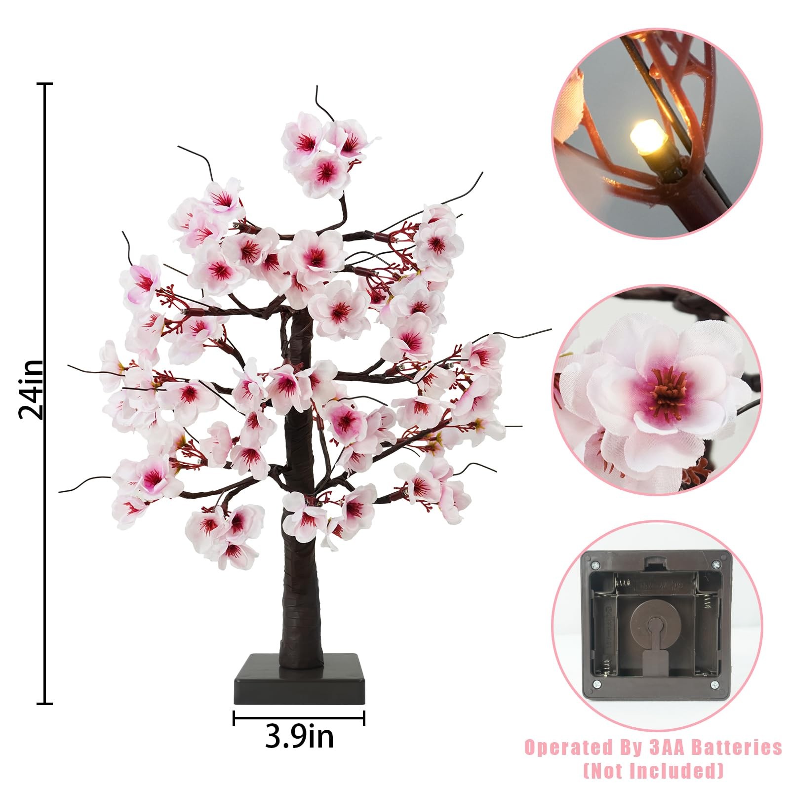 Lighted Cherry Blossom Tree 24 Inch 24 LED Battery Timer Tabletop Bonsai Decor