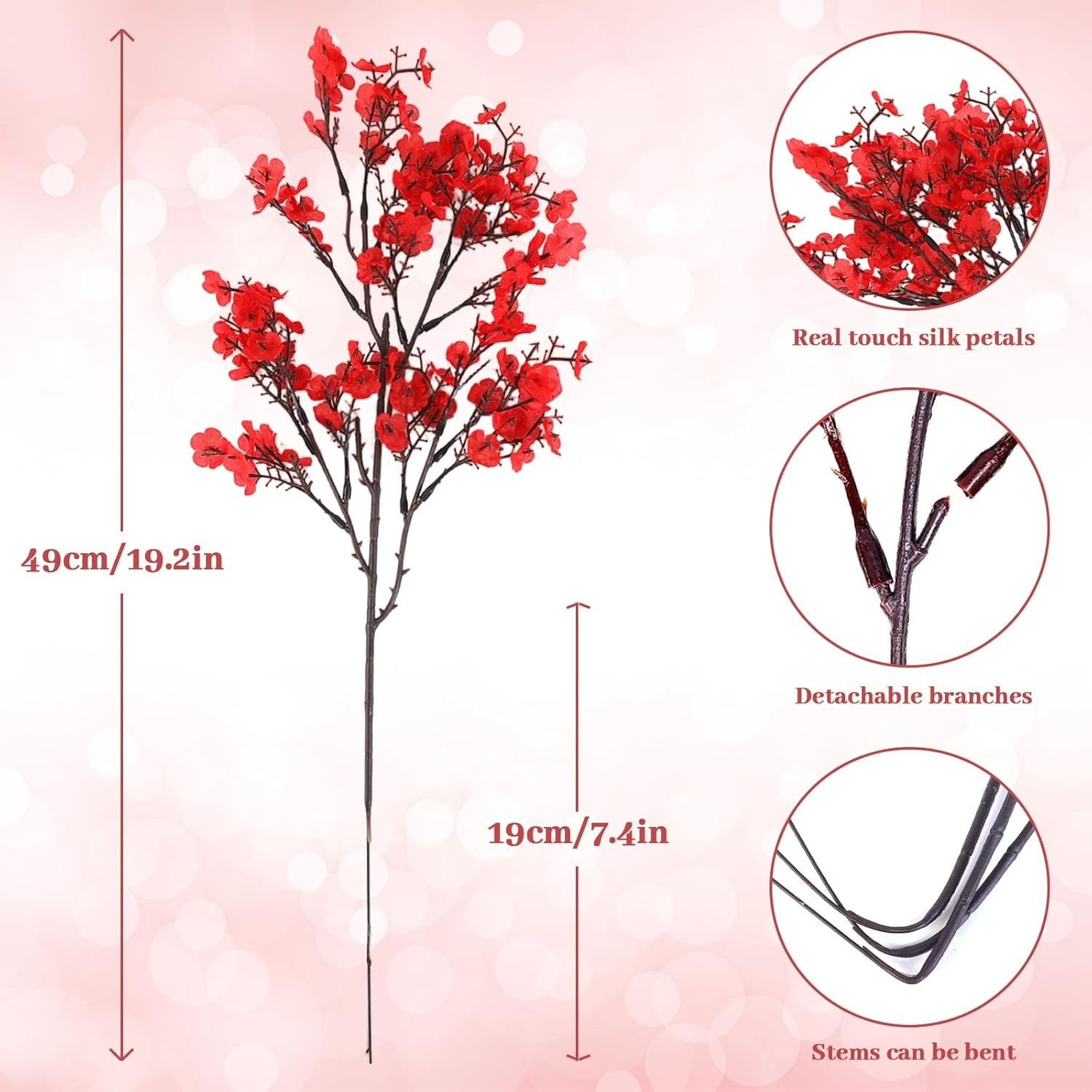 6 Pcs Valentine’s Day Artificial Baby’s Breath Flowers, Red Pink Faux Gypsoph…