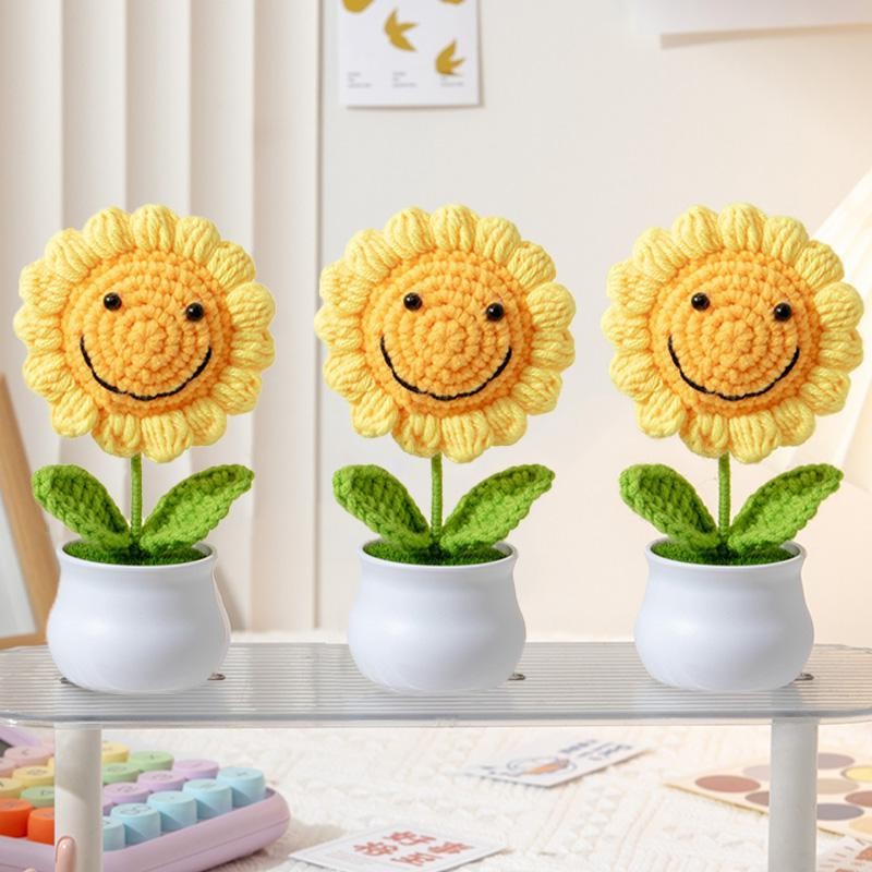 Crochet Sunflower Pot Artificial Knitted Flower Handmade Gift Wedding Decor