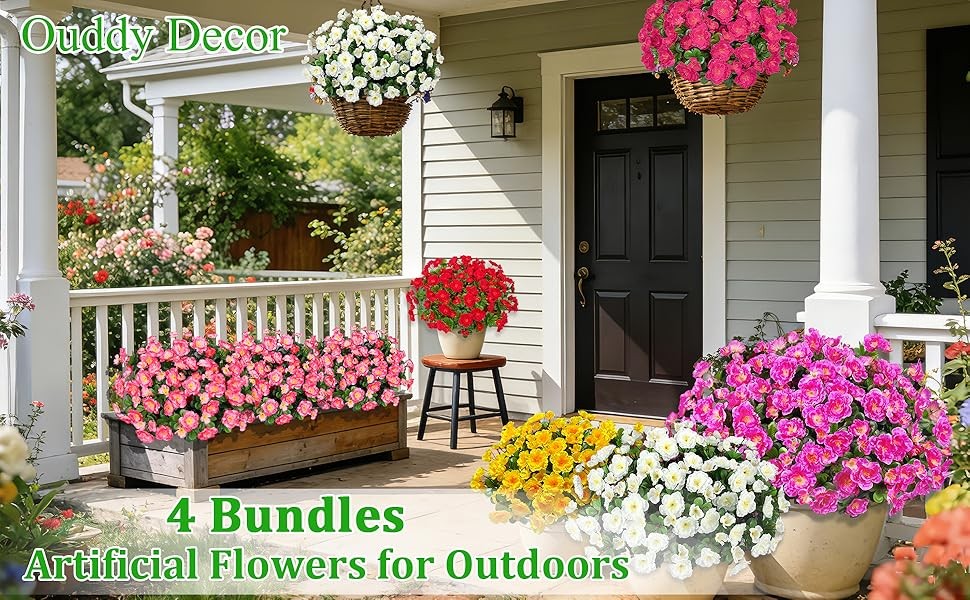 4 Bundles Artificial Camellia Flowers for Outdoors, Fuchsia | Fake silk flowers