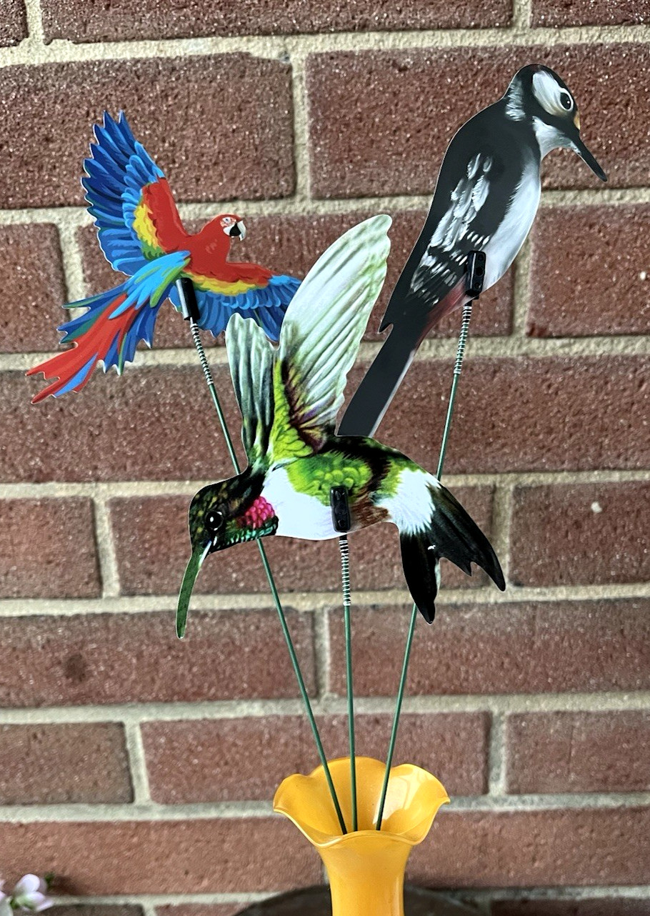 Bird Picks Lot of 3 Decorative Plastic w/Wire Stems Macaw Hummingbird Woodpecker