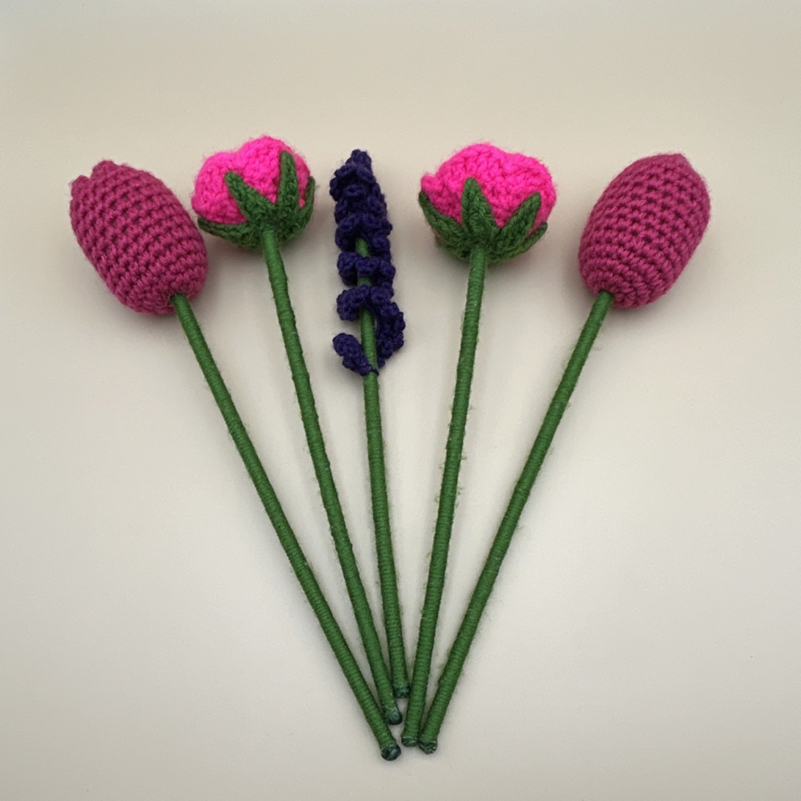 Handmade Yarn Crochet Flower Bouquet Pink Purple Green Rose Lavender Tulip
