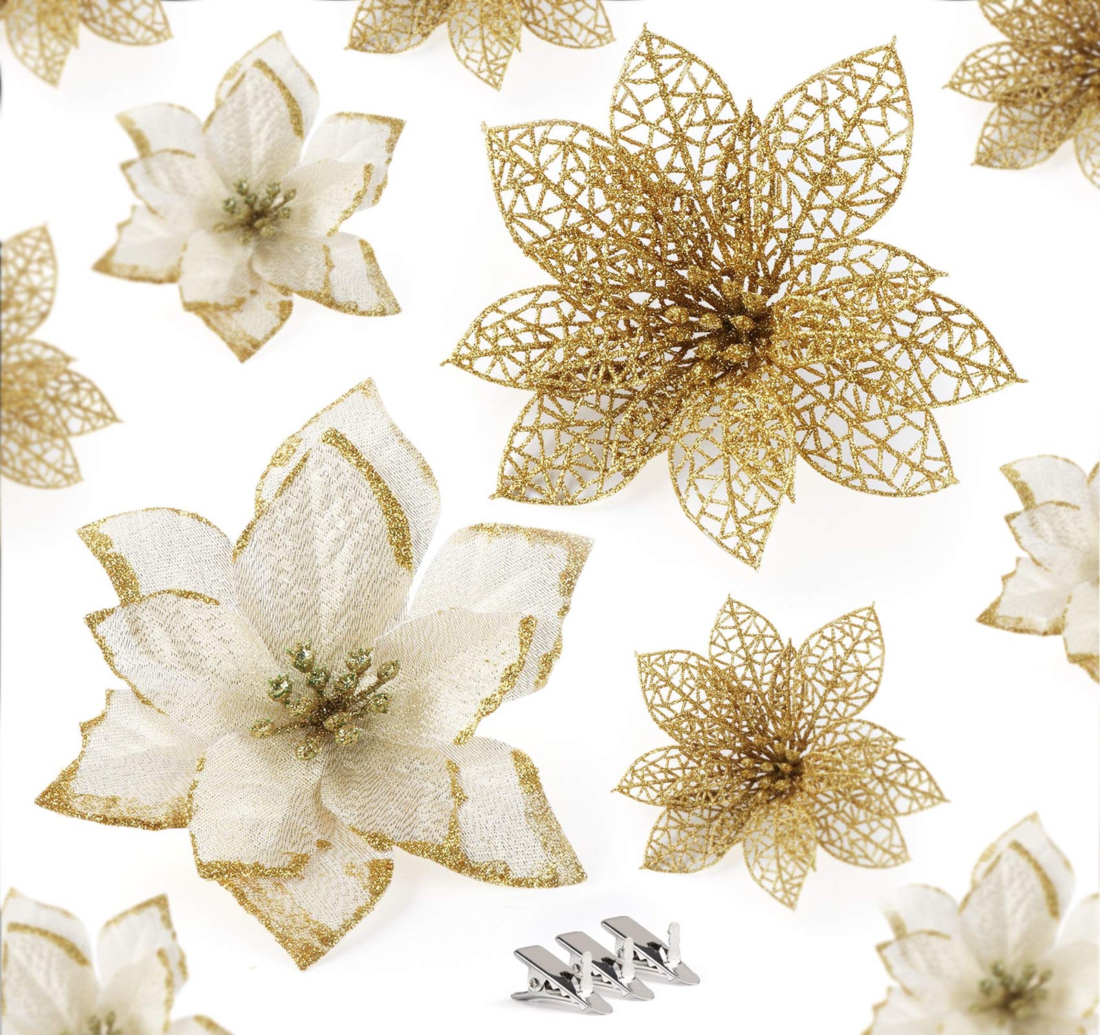 24 PCS Gold Poinsettias 6 Inch Glitter Artificial Christmas Flowers 30 Clips