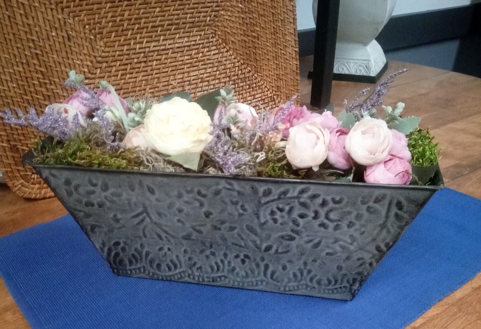 Silk Floral Arrangement Centerpiece In Metal Tin Embossed Container 13 x 5 x 5