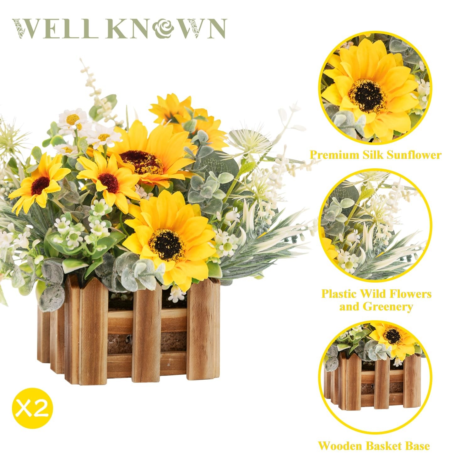 2 PCS Artificial Sunflower Plants Wooden Baskets Faux Flowers Arrangement