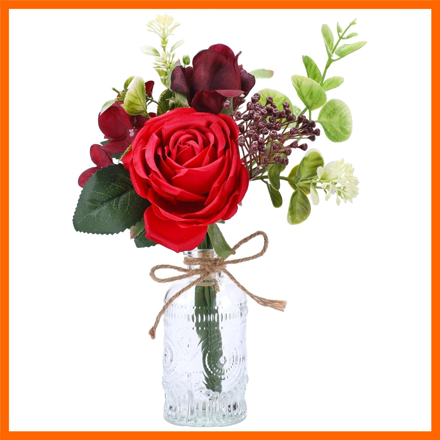 Artificial Flowers with Vase – Small Red Fake Plants Faux Silk Flower Arrange…