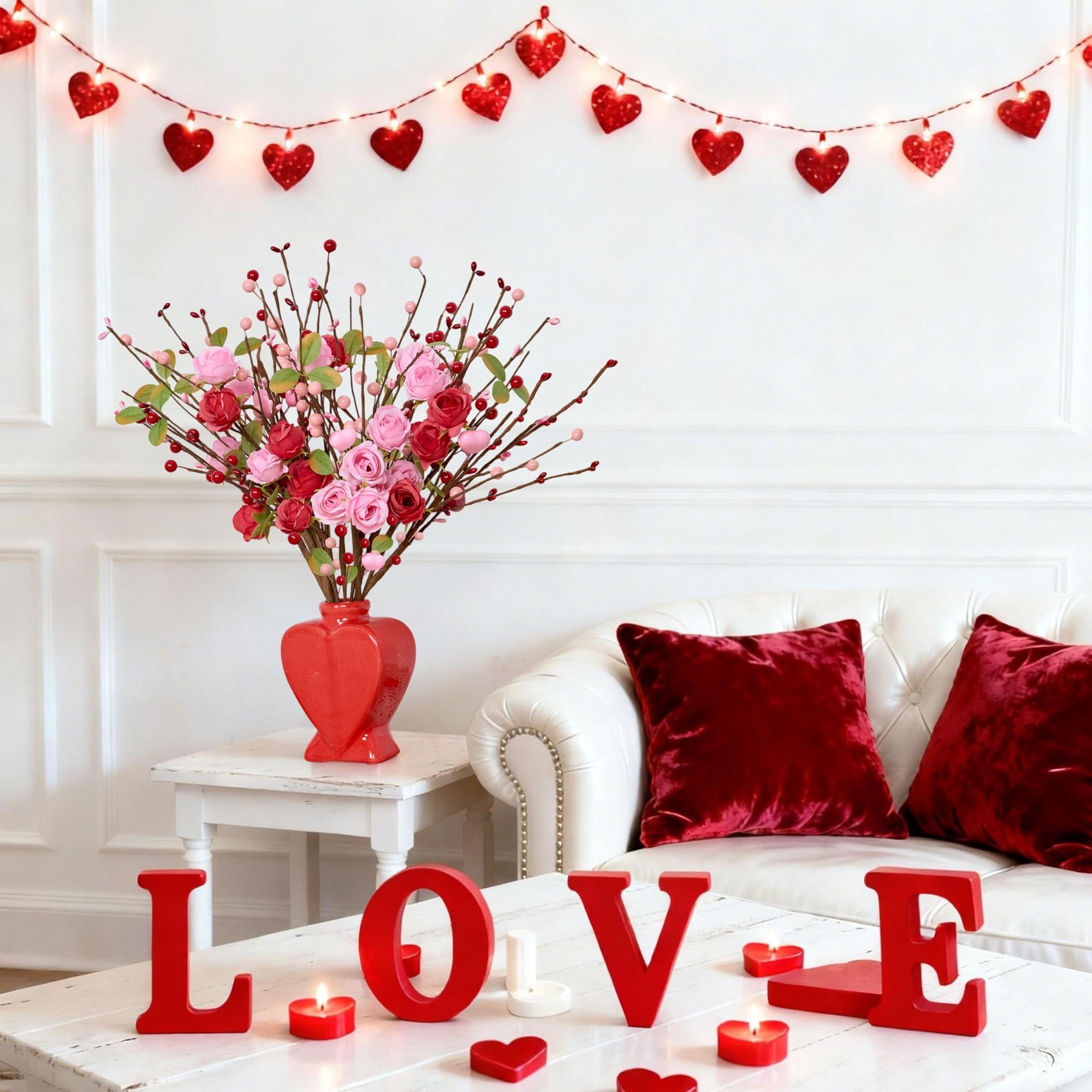12 PCS Valentine Artificial Flowers 17 Inch Picks Red Roses Pink Heart Berries