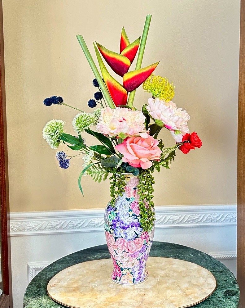 Floral Arrangement Centerpiece Multi-Colored Silk Flowers In Enamel Floral Vase