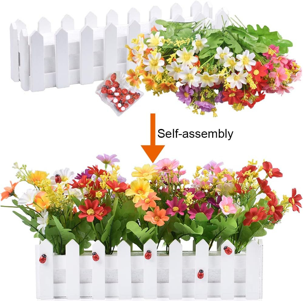 Artificial Flower Plants – Mixed Color Daisies in Picket Fence Pot for Indoor Of