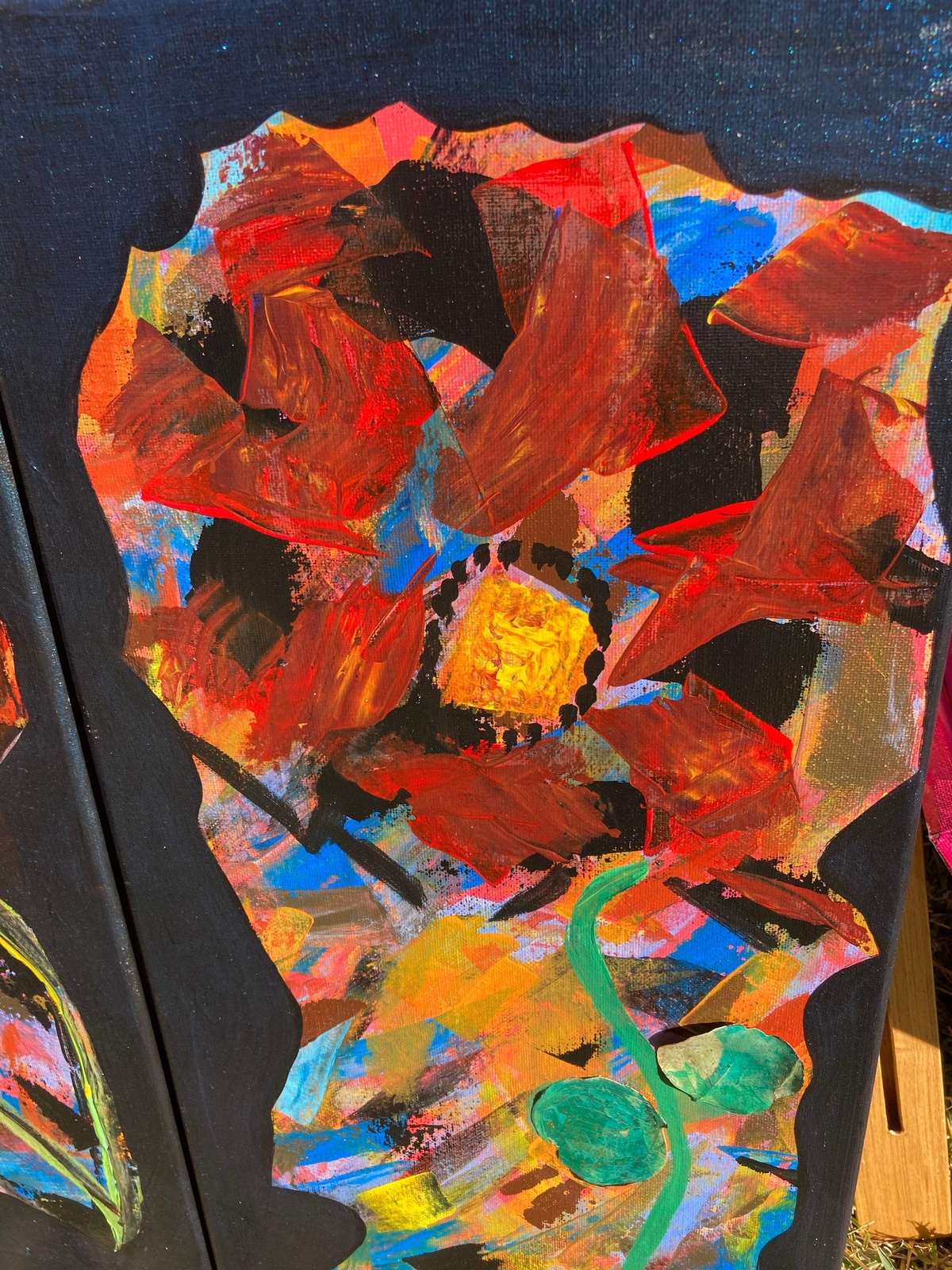 Roses on Black with Eucalyptus, Set of 2 Original Acrylic Scrape on Canvas 10×20