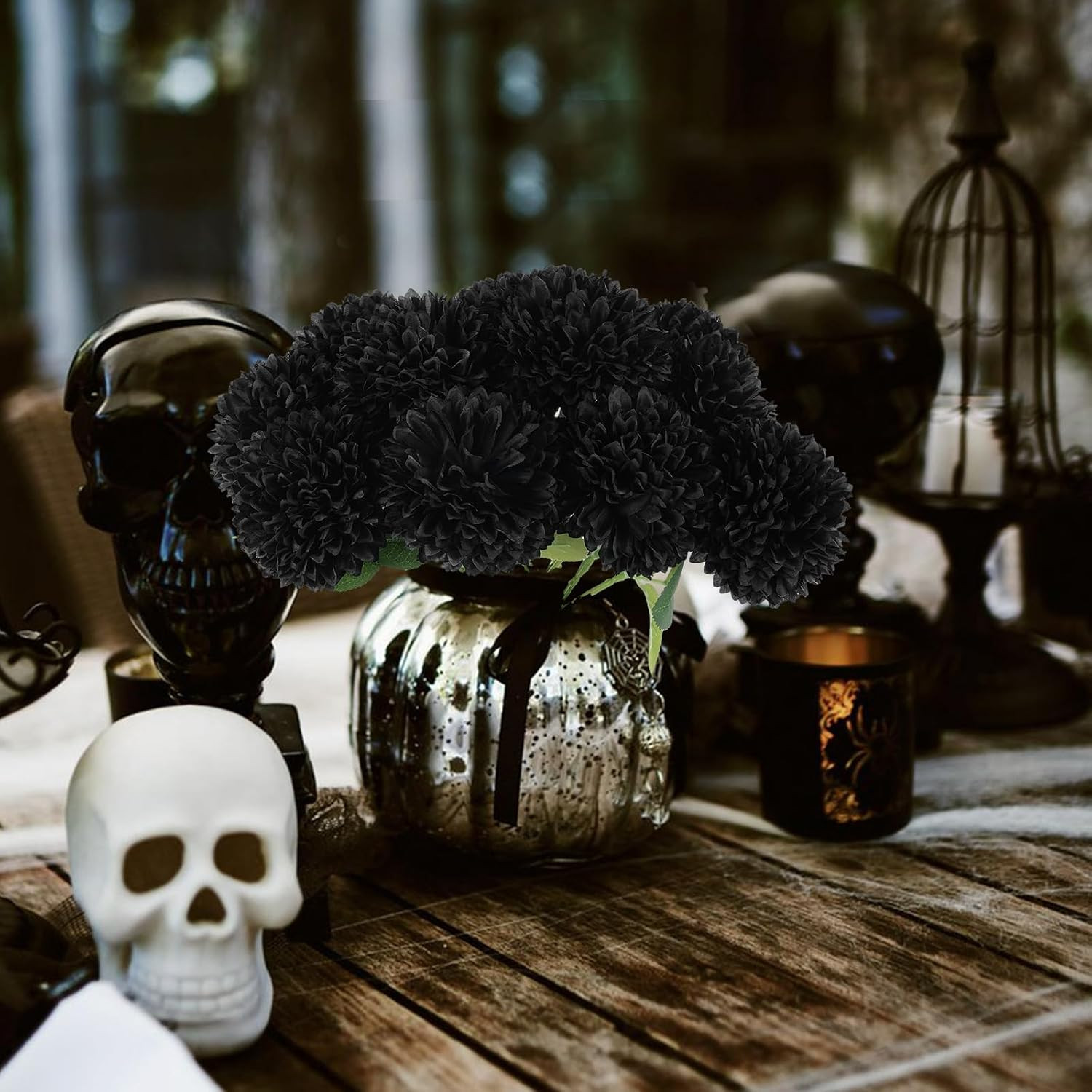 12 Pcs Artificial Chrysanthemums Flowers Ball Flower, Fake Mums Flowers Black Si