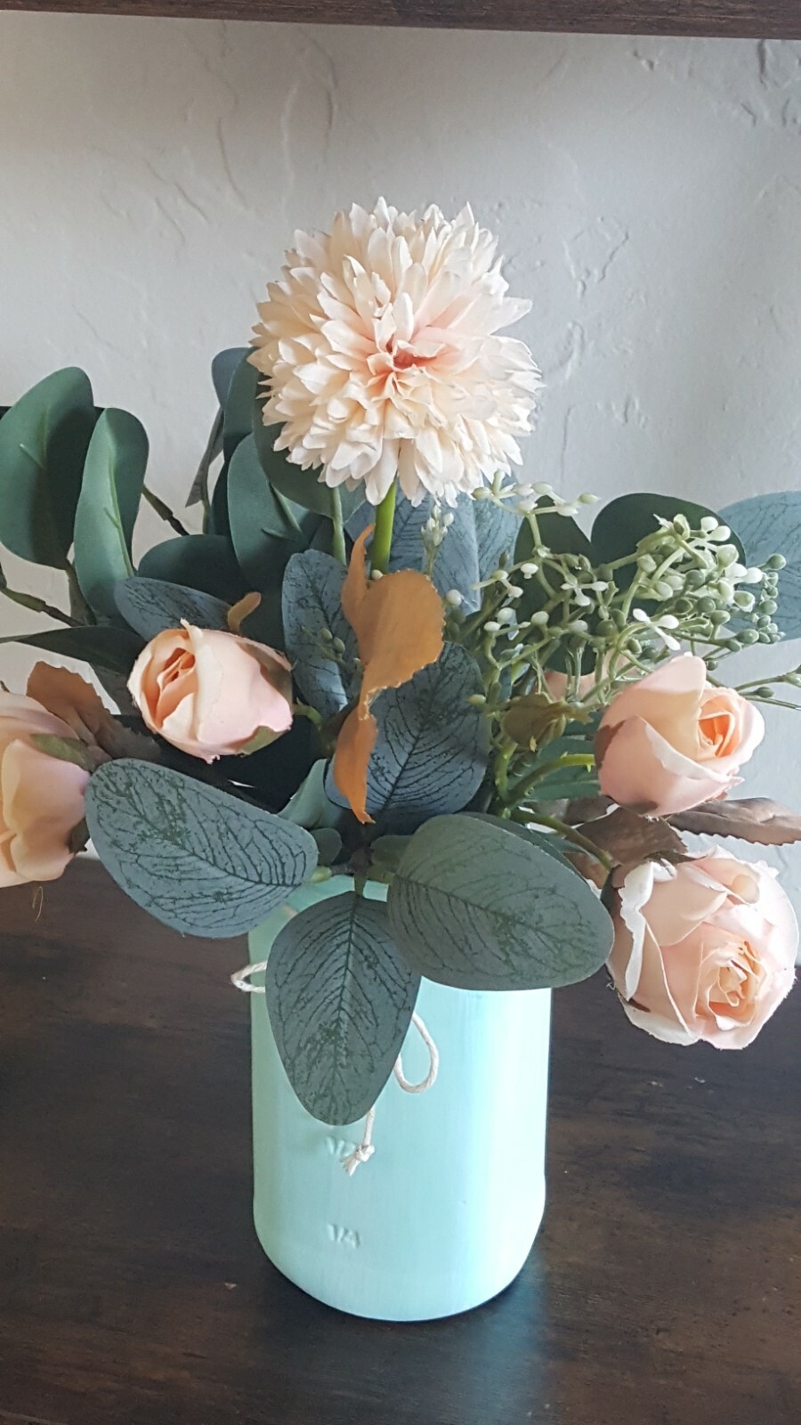 Elegant Rustic FarmHouse Decor Florwer Arrangement Painted Mint Green Mason Jar