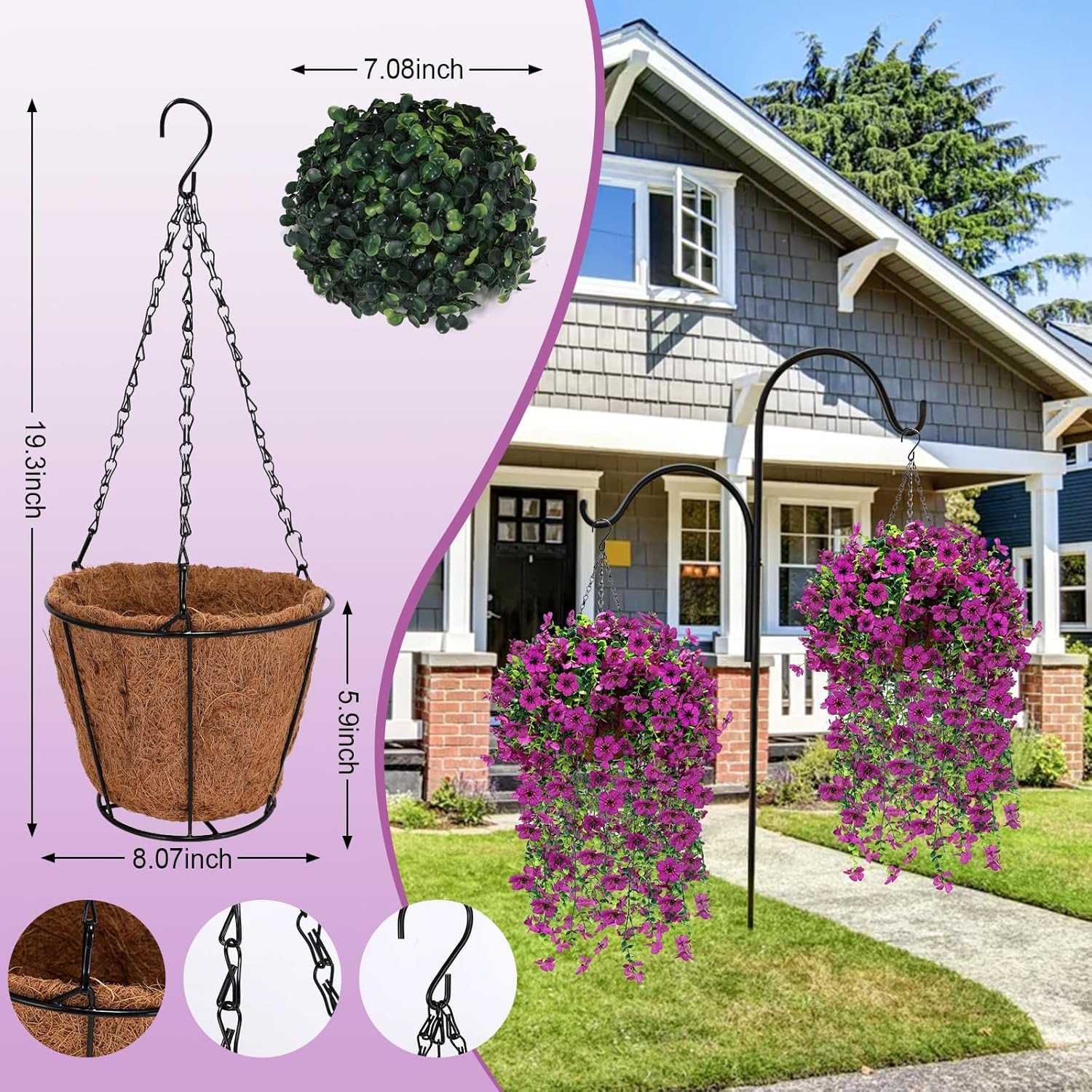 Faux Hanging Violet Flower Baskets with Eucalyptus for Outdoor Decor – 2 Set