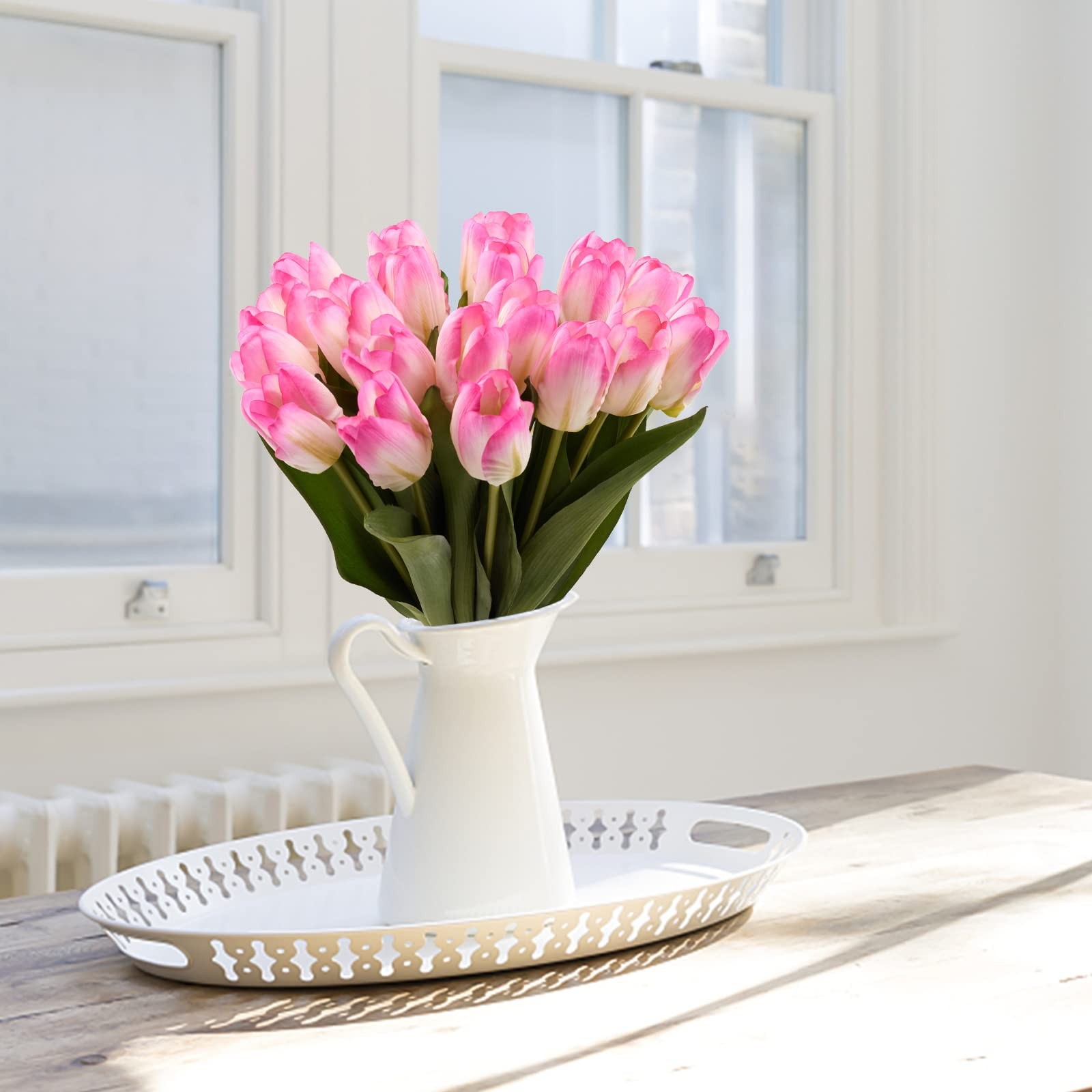 20 PCS Pink Green Artificial Tulips Real Touch Faux Flower Moisturizing
