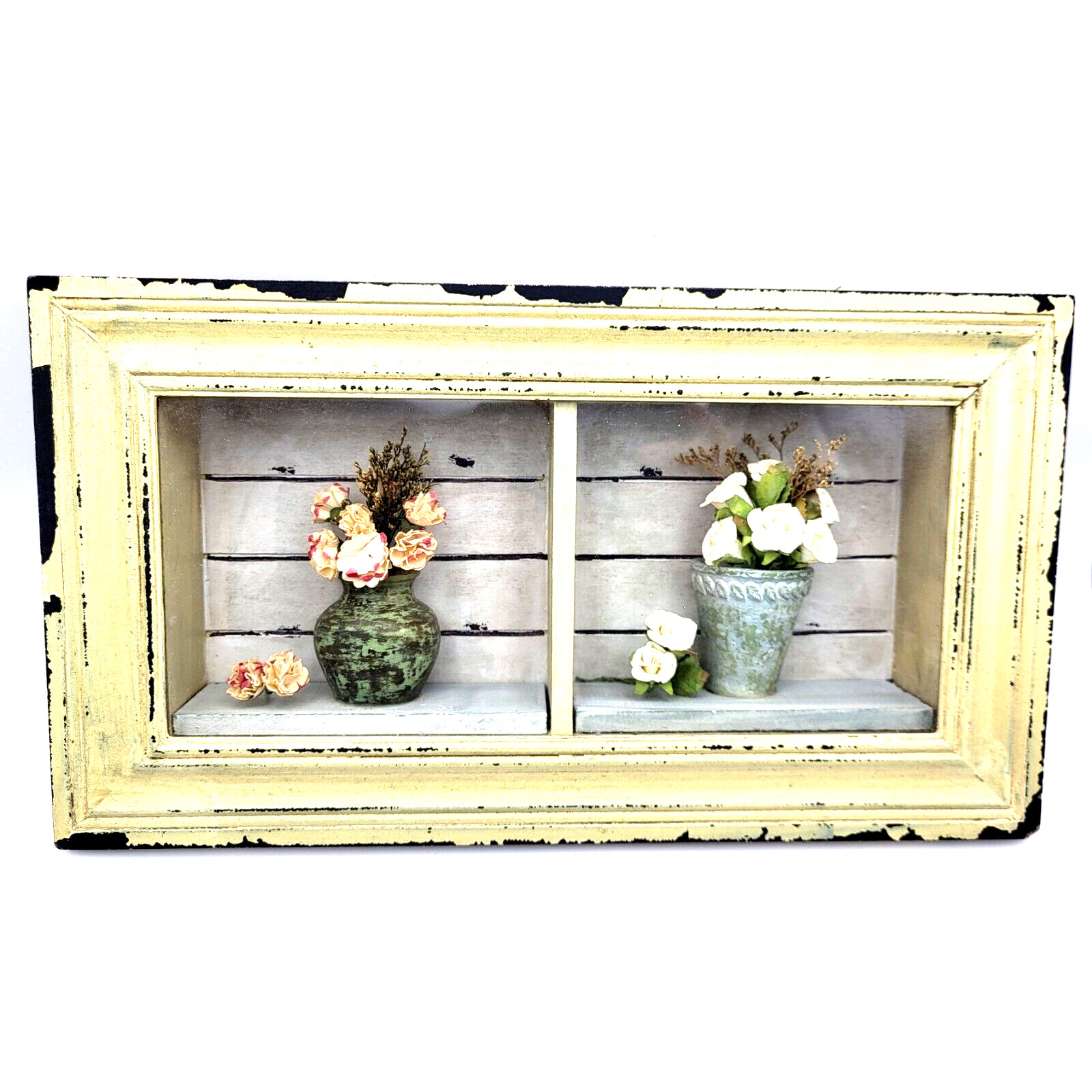 Vintage Rustic Wood Framed Shadow Box Flowers Pots Farmhouse Decor 14x8x2” us