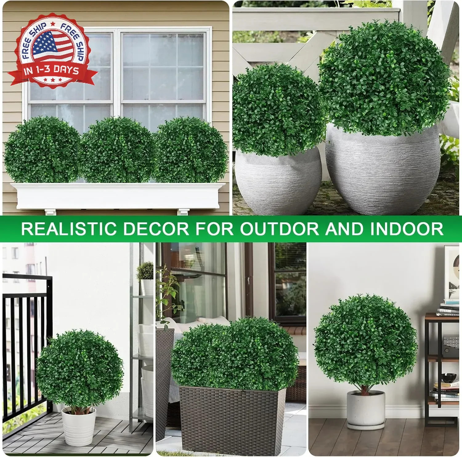 2Pack Artificial Boxwood Topiary Ball Trees, 16” UV Resistant Fake Evergreen Sh
