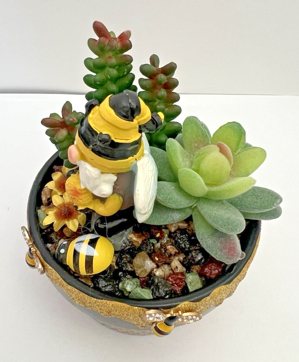 Handmade Gnome Planter Pot Fake Cactus Bumble Bee Theme Artificial Succulent