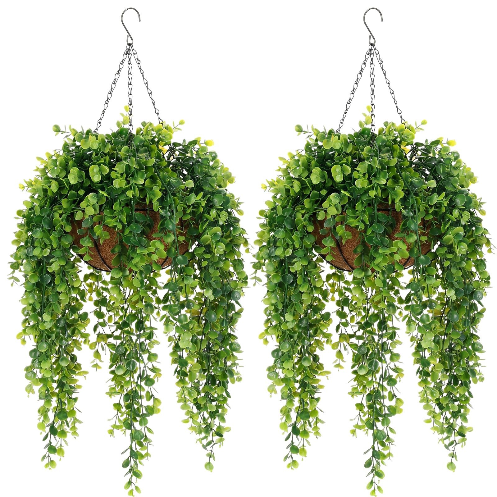 2 Set Hanging Fake Plants Basket for Outdoors 10″ with Faux Eucalyptus Leaves