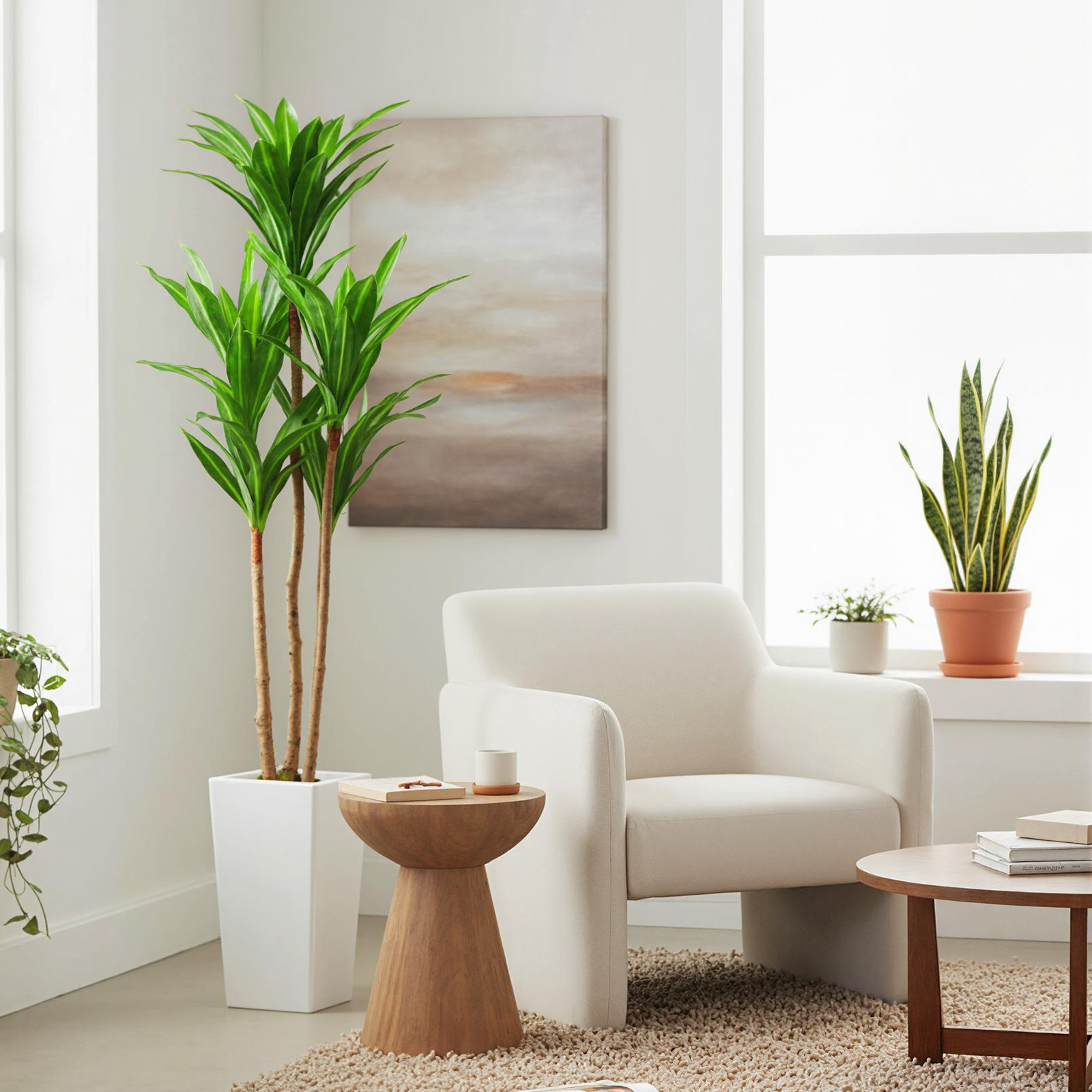 4.8FT Artificial Dracaena Tree Tall Faux Plant in White Planter Office Decor