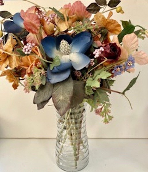 Vintage Handmade Silk/Crepe Flowers Bouquet In Swirling Glass Vase. Circa 1980’s