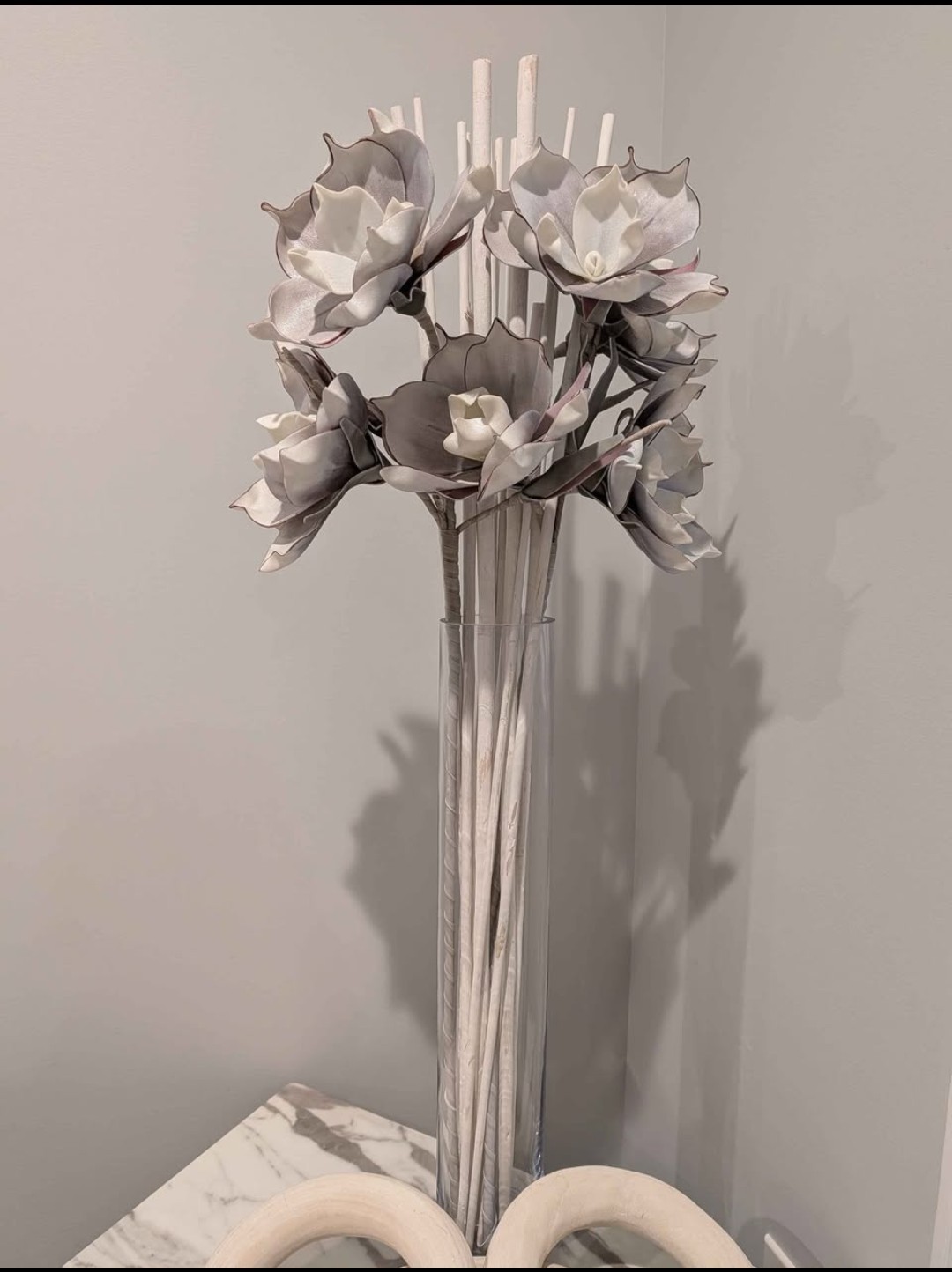 Silver Magnolia Arrangement in Tall Glass Vase 40″