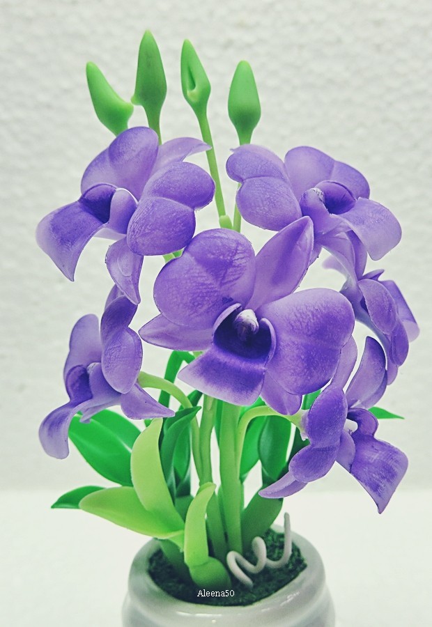 US Stock 4″H Handmade Air-Dry-Clay Miniature Dendrobium Orchid Arranged in Pot
