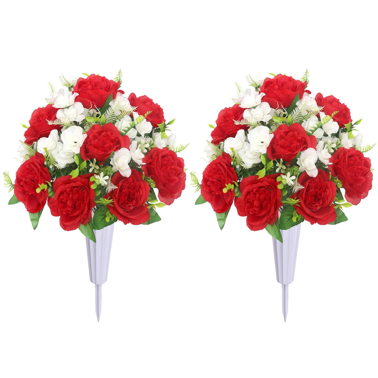 Artificial Cemetery Flowers with Vase – Set of 2 Peony Bouquets & Memorial Va…