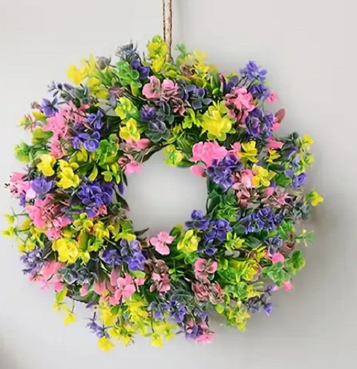 NEW Floral Wreath Wall Decor 12″ plastic pink purple yellow flowers & greenery