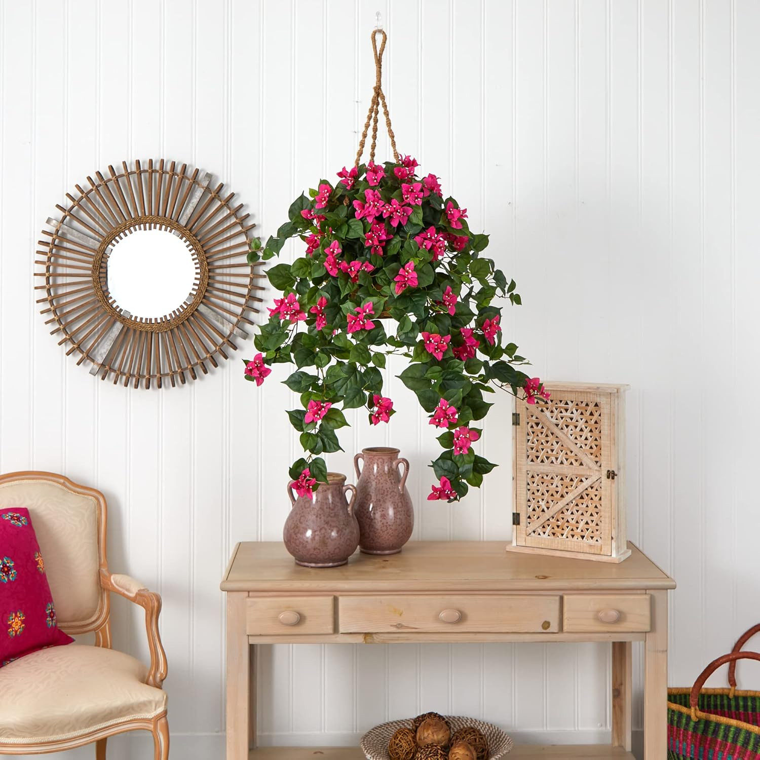 Vibrant Bougainvillea Silk Hanging Basket – Green & Pink Decor