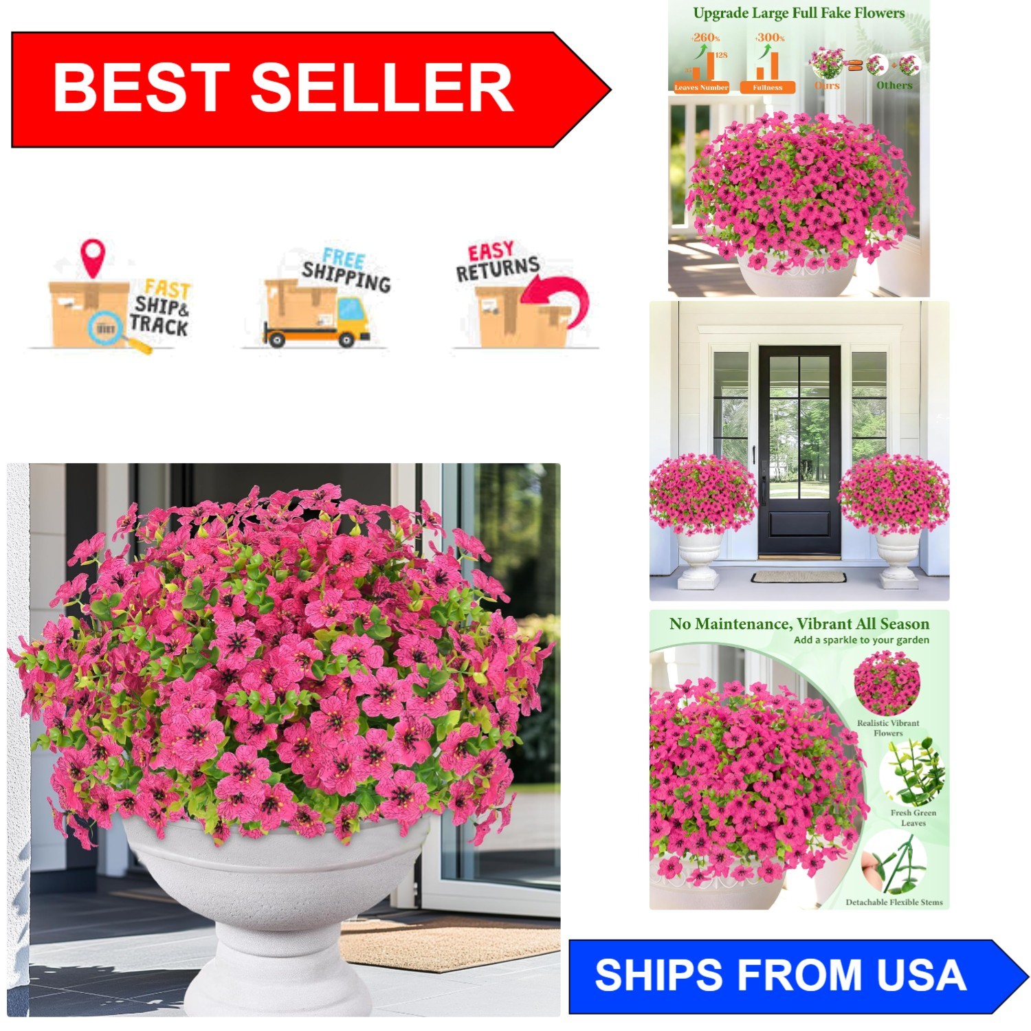 Lifelike 9 Bundles UV Resistant Outdoor Flowers – Rose Red for -Round Beauty