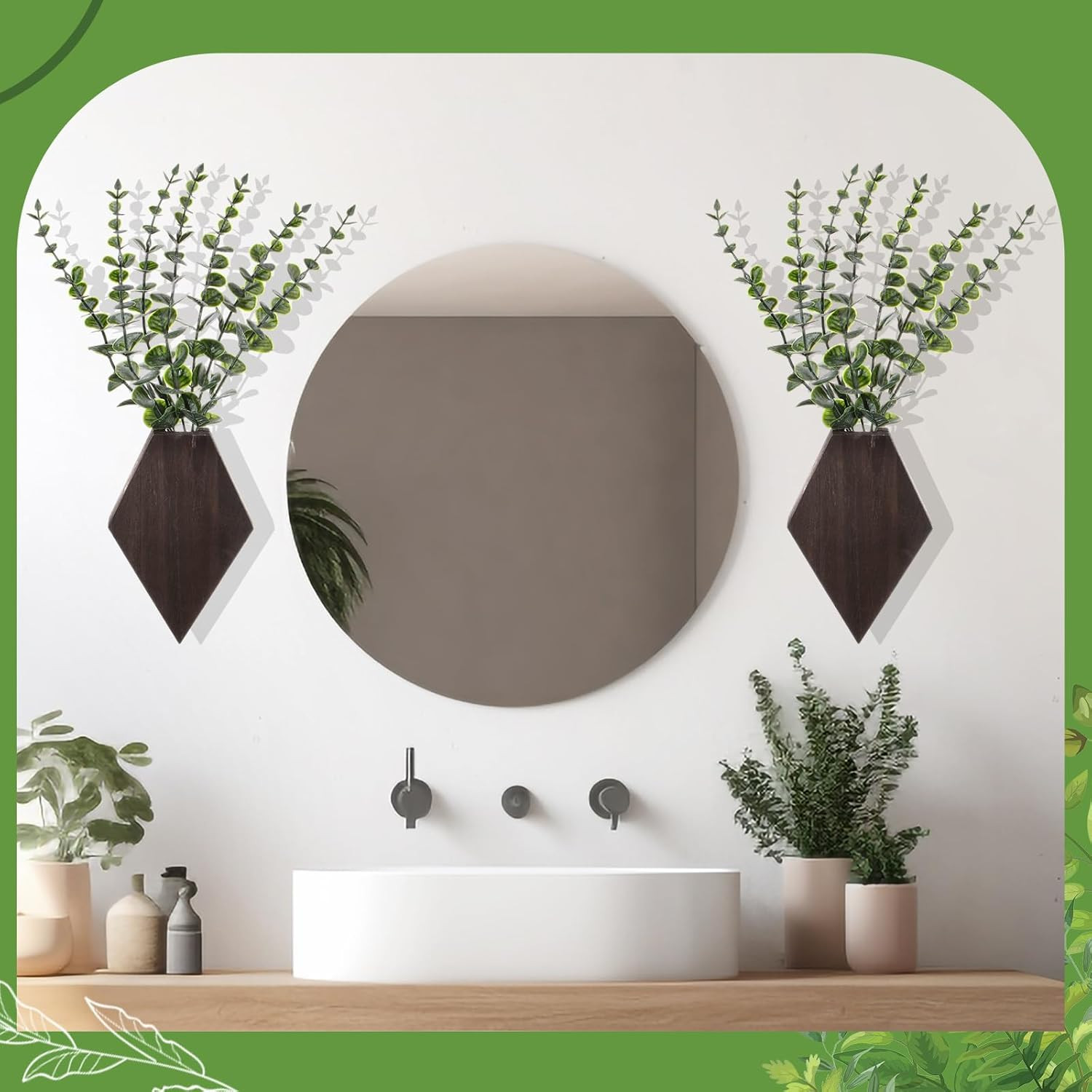 2 Pcs Wooden Wall Planter Decor Hanging Fake Plants Greenery Flowers Holder Vase