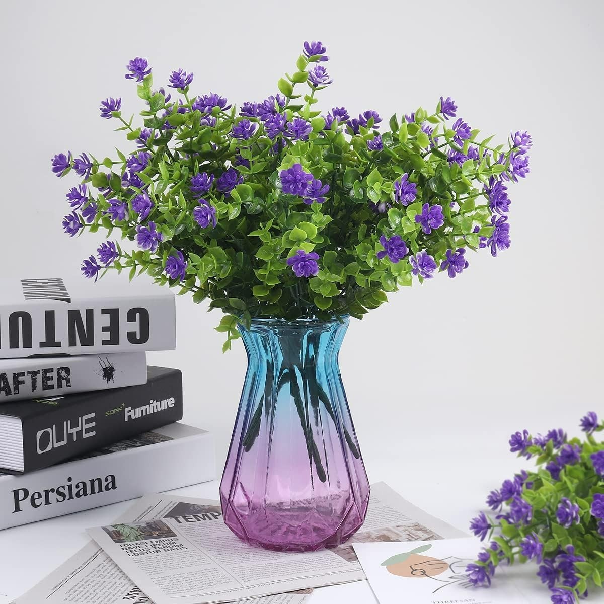 Lifelike 12 Bundle Plastic Flowers: Purple Lotus with Eucalyptus for Home Decor