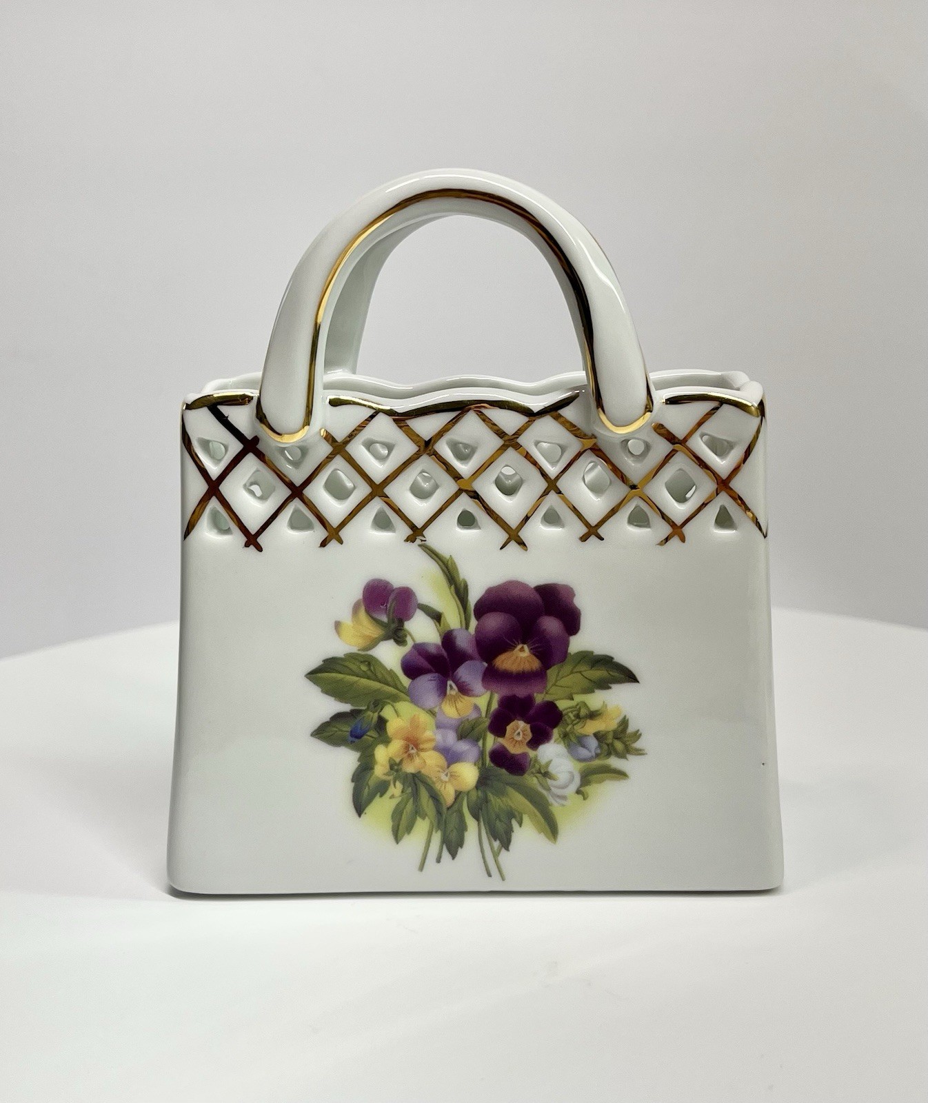 MCM Vintage Porcelain Purse Vase Pansies Old World Collection Figurine Flowers