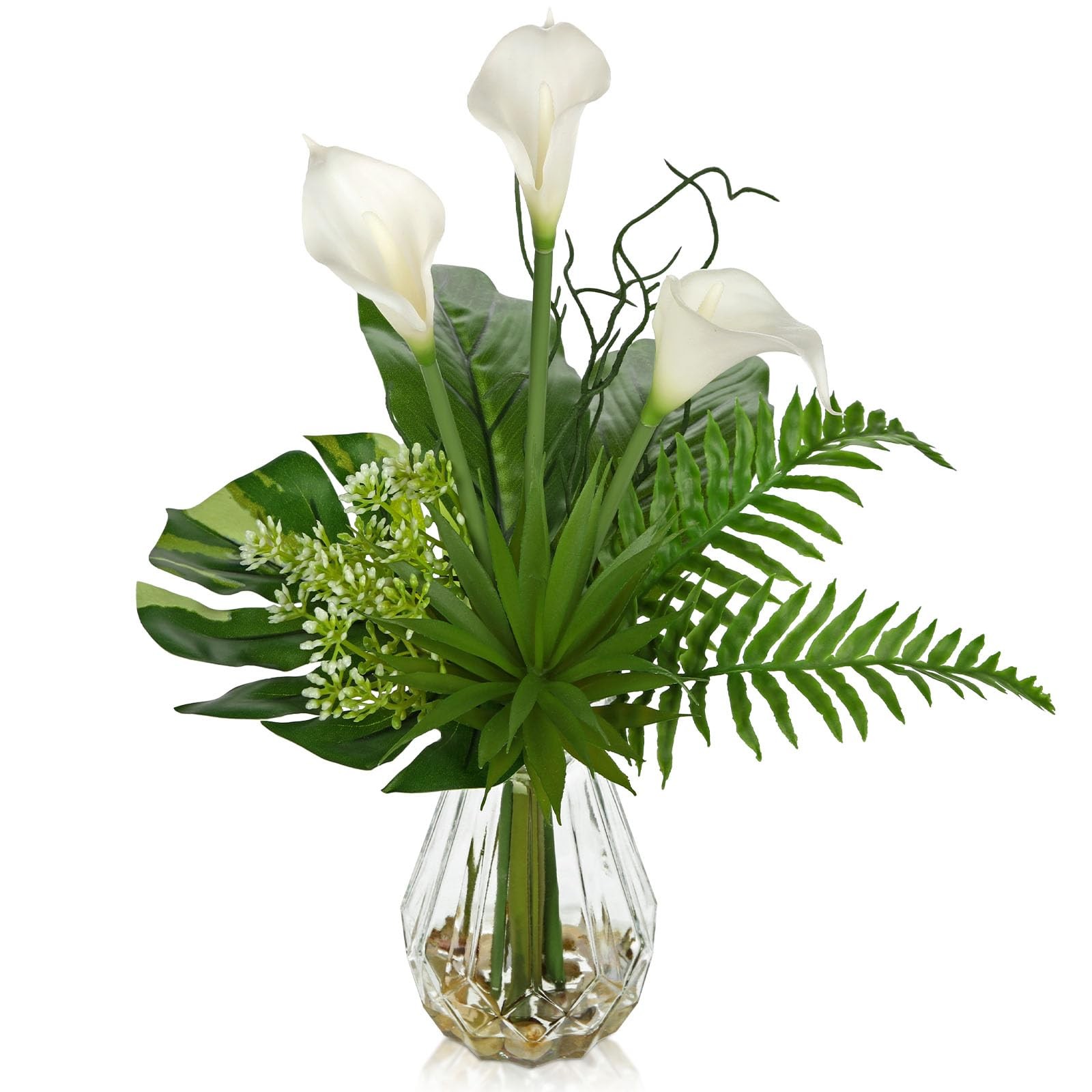Fake Plants in Glass Vase with Stone and Faux Water, Mixed Palm Calla Lily Su…