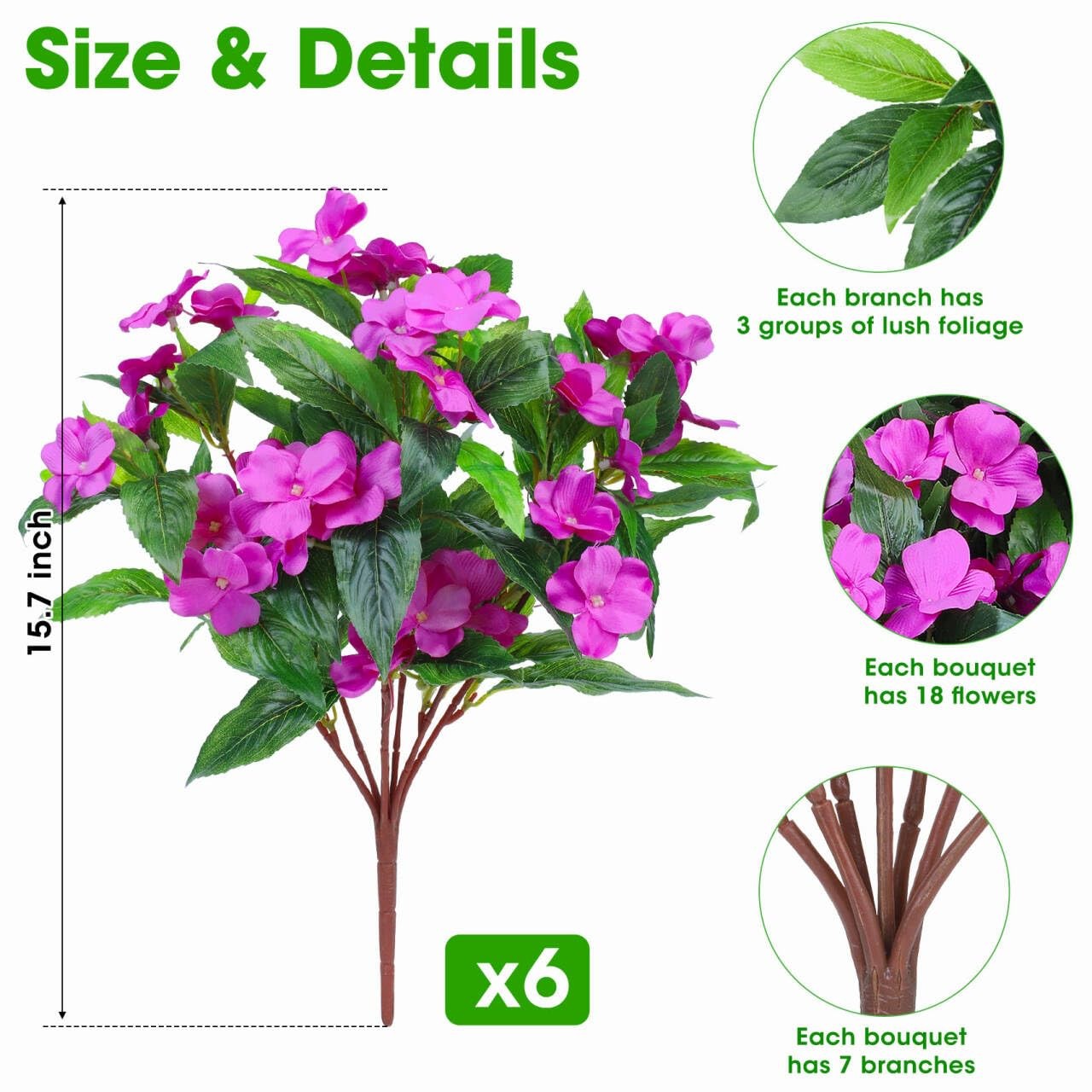 Ouddy Decor 6 Bundles Artificial Impatiens Flowers for Outdoors Decoration, S…