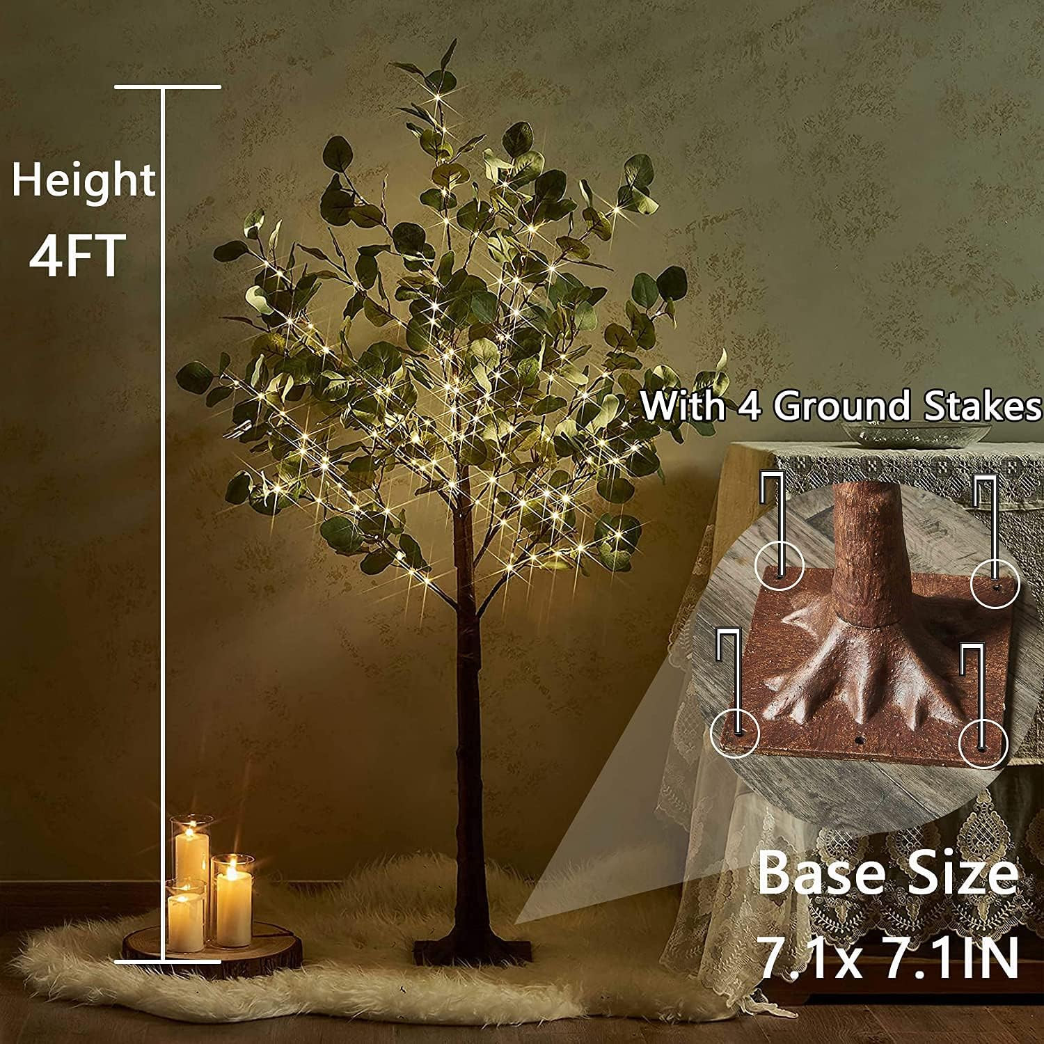 4ft Lighted Eucalyptus Tree with 160 LED Lights for Indoor/Outdoor Decor