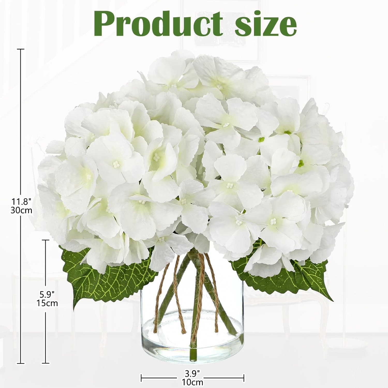 Artificial White Hydrangea Flower Arrangement in Glass Vase with Faux Water